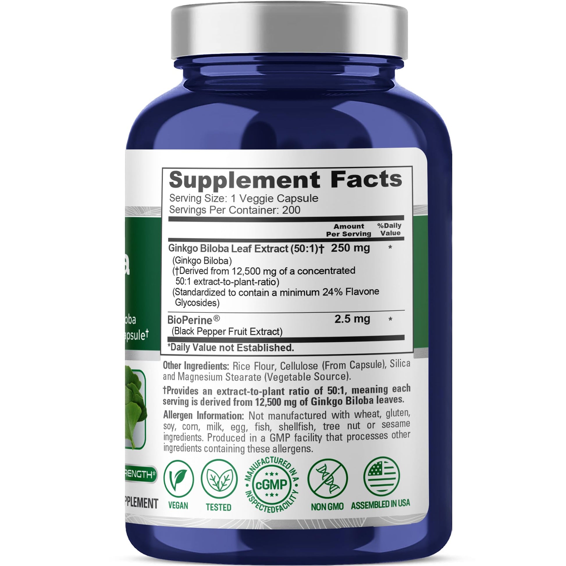 NusaPure Ginkgo Biloba 50:1 Extract, 250 mg Equivalent to 12,500 mg per Veggie Caps 200 Capsules (Vegetarian, Non-GMO, Vegan) Bioperine NusaPure uk supplements