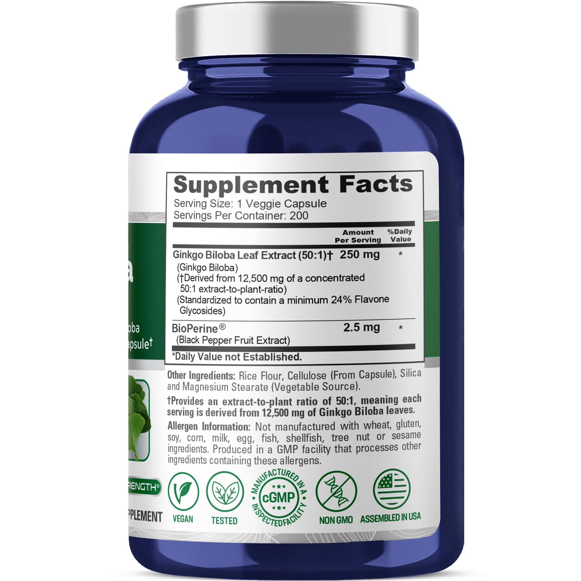 NusaPure Ginkgo Biloba 50:1 Extract, 250 mg Equivalent to 12,500 mg per Veggie Caps 200 Capsules (Vegetarian, Non-GMO, Vegan) Bioperine NusaPure uk supplements