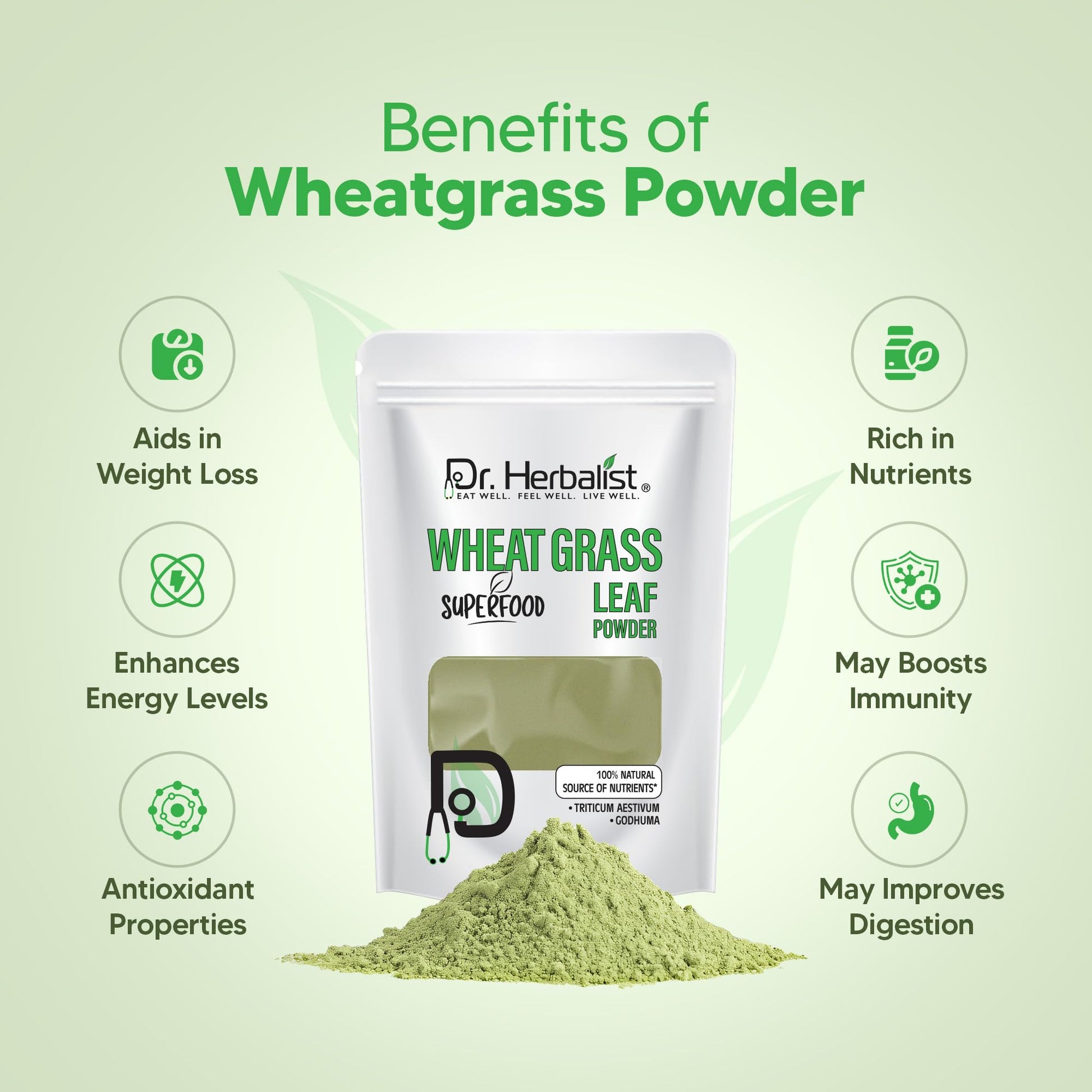 Dr. HERBALIST Wheatgrass Powder 200g - Pure Triticum Aestivum with Chlorophyll Iron & Vitamins A C E | Supports Daily Greens Detox & Nutrient Density* | Halal Dr. HERBALIST uk supplements