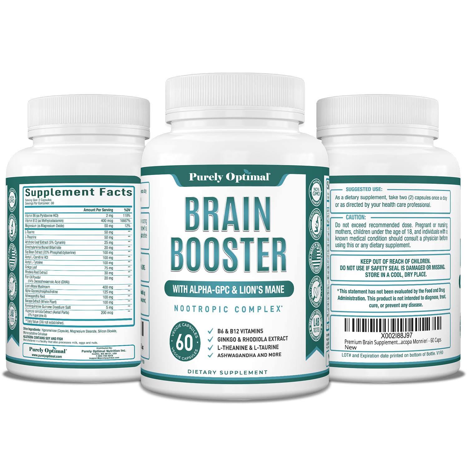 Purely Optimal Brain Booster Nootropic Supplement – Brain Support for Memory, Focus, Clarity, Jitter-Free Energy for Adults, Seniors– with Ginkgo Biloba, Alpha GPC, Lion’s Mane – 60 Capsules Purely Optimal uk supplements