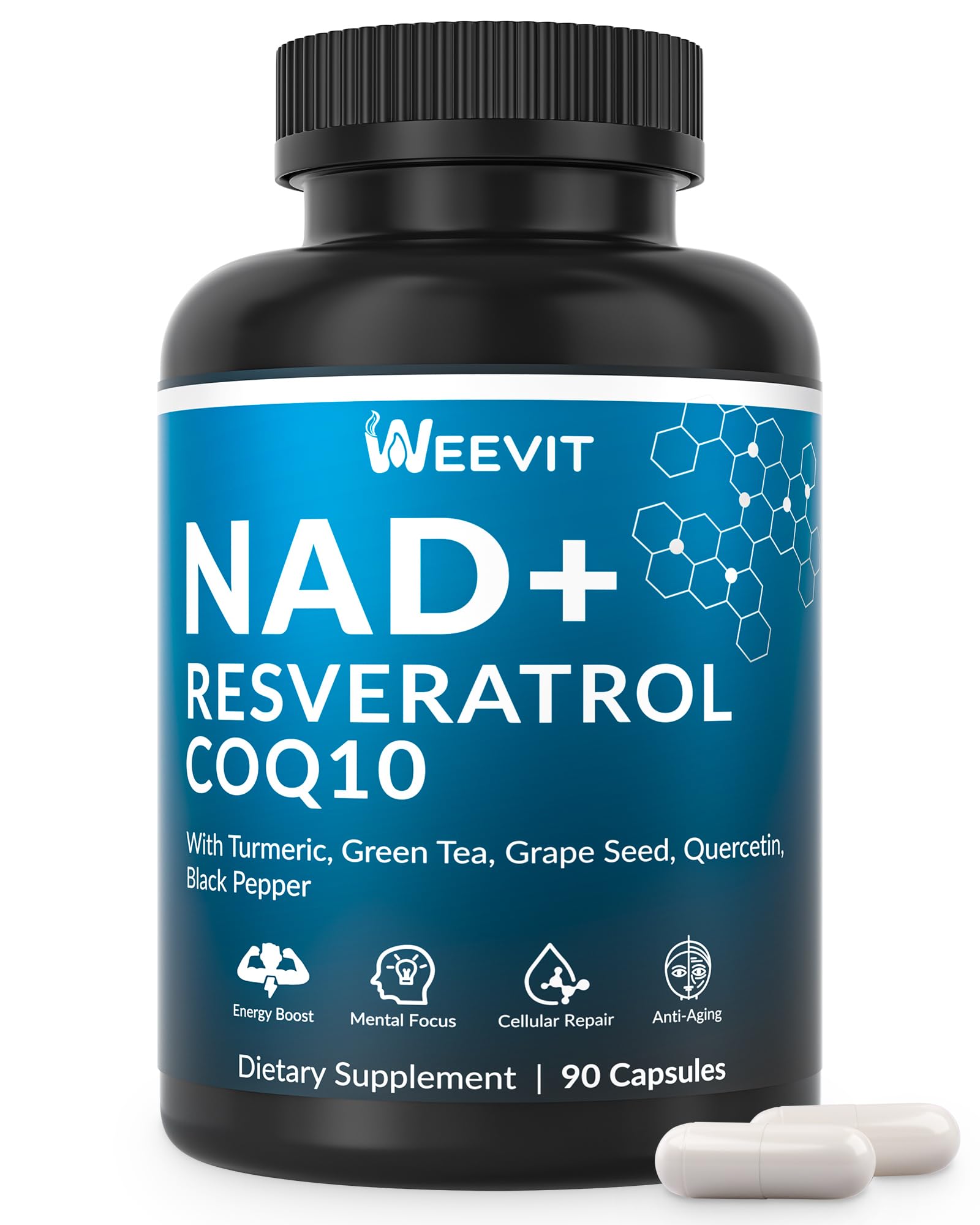 WEEVIT NAD+ Resveratrol Supplement with COQ10, Quercetin, Turmeric, NAD+ Supplement for Men and Women - Energy, Focus & Anti-Aging Support - Gluten Free, Non-GMO WEEVIT uk supplements