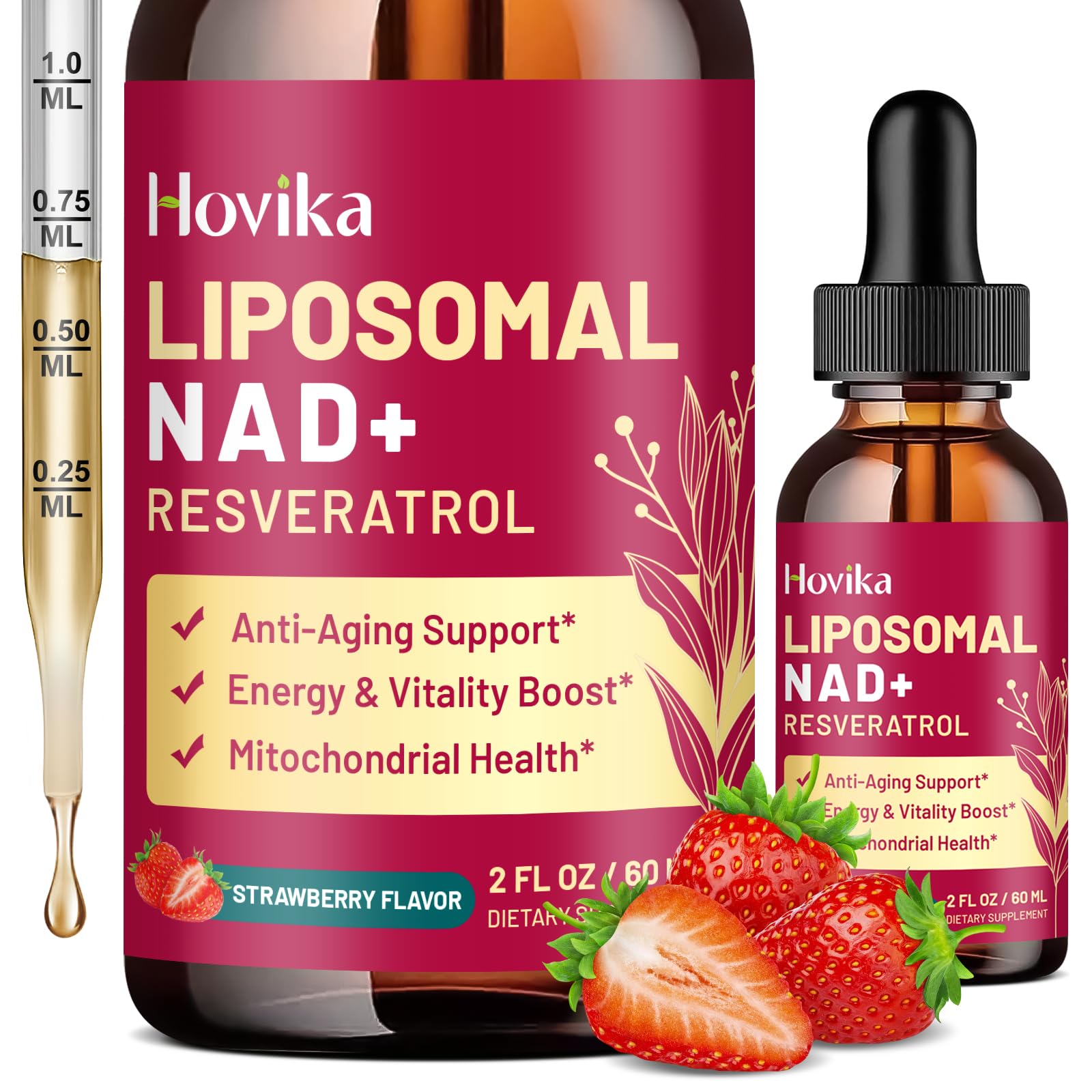 Liposomal NAD Supplement - 1200mg NAD+ Liquid Drops for Women & Men with Resveratrol, Black Pepper Extract - Support Anti-Aging, Brain & Cellular Mitochondrial Health - 2 Fl Oz, Strawberry Flavor Hovika uk supplements