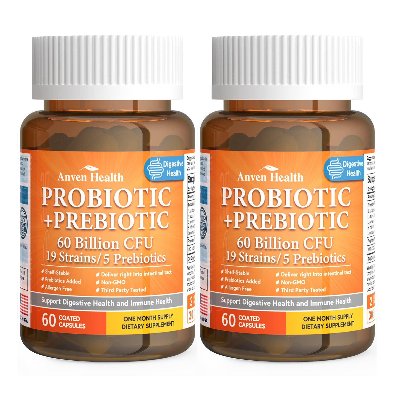 Anven Health 60 Billion Probiotics for Women and Men 19 Strains 5 Organic Prebiotics for Gut Digestive & Immune Health, Supports Diarrhea Gas Bloating, Vegan Probiotic Supplement Formula丨120 Caps Anven Health uk supplements
