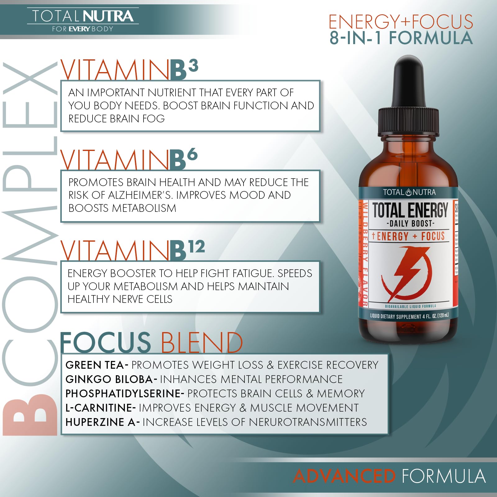Extra Strength Vitamin B Complex Drops- B Vitamins B12, B6, B3- Vegan and Non GMO Total Nutra uk supplements