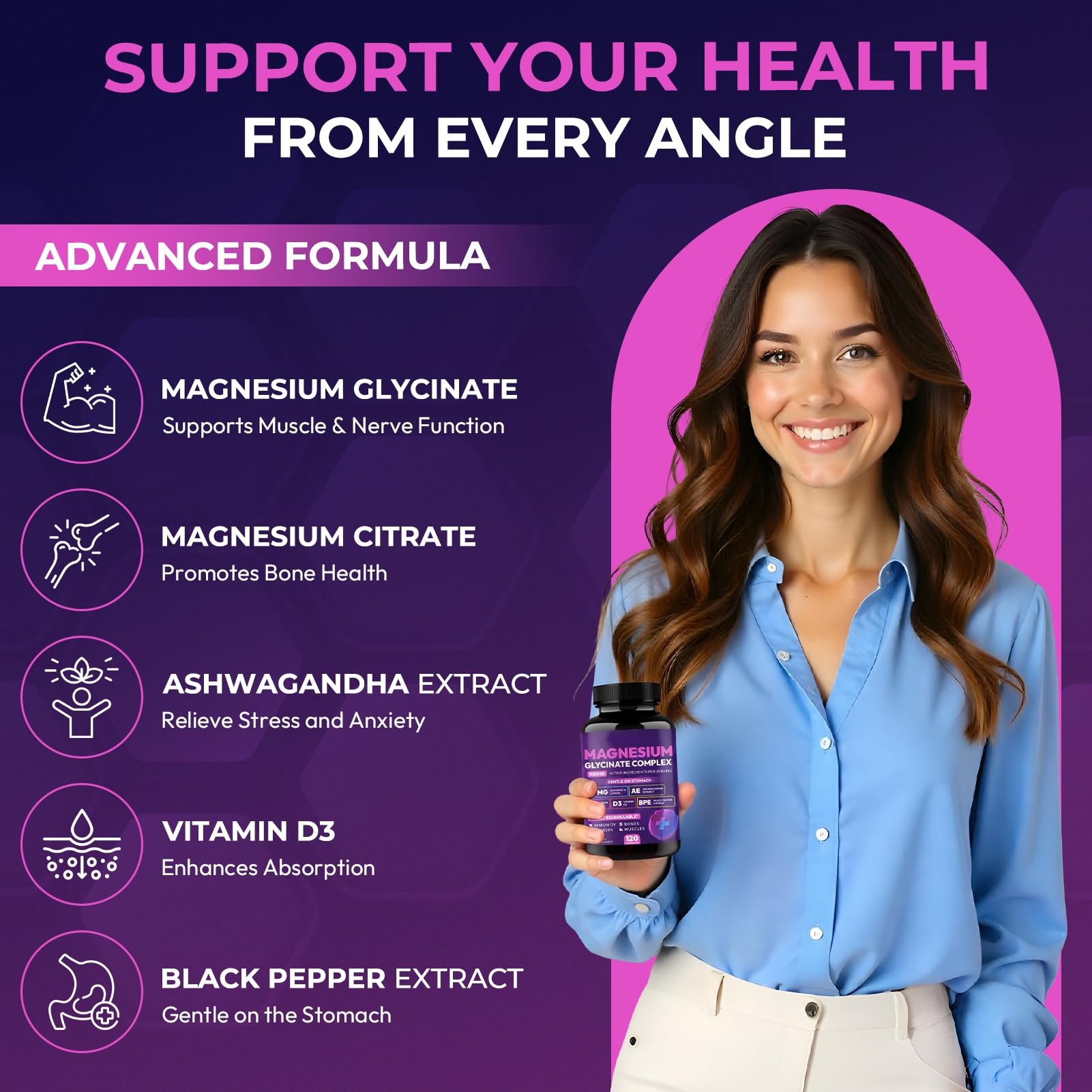 Magnesium Glycinate Complex 1150mg - Gentle on Stomach High Absorption Magnesium Capsules with Citrate, Silica, Ashwagandha & Vitamin B6 for Zzz, Stress Relief, Muscle Support for Adults, Women & Men Cytona uk supplements