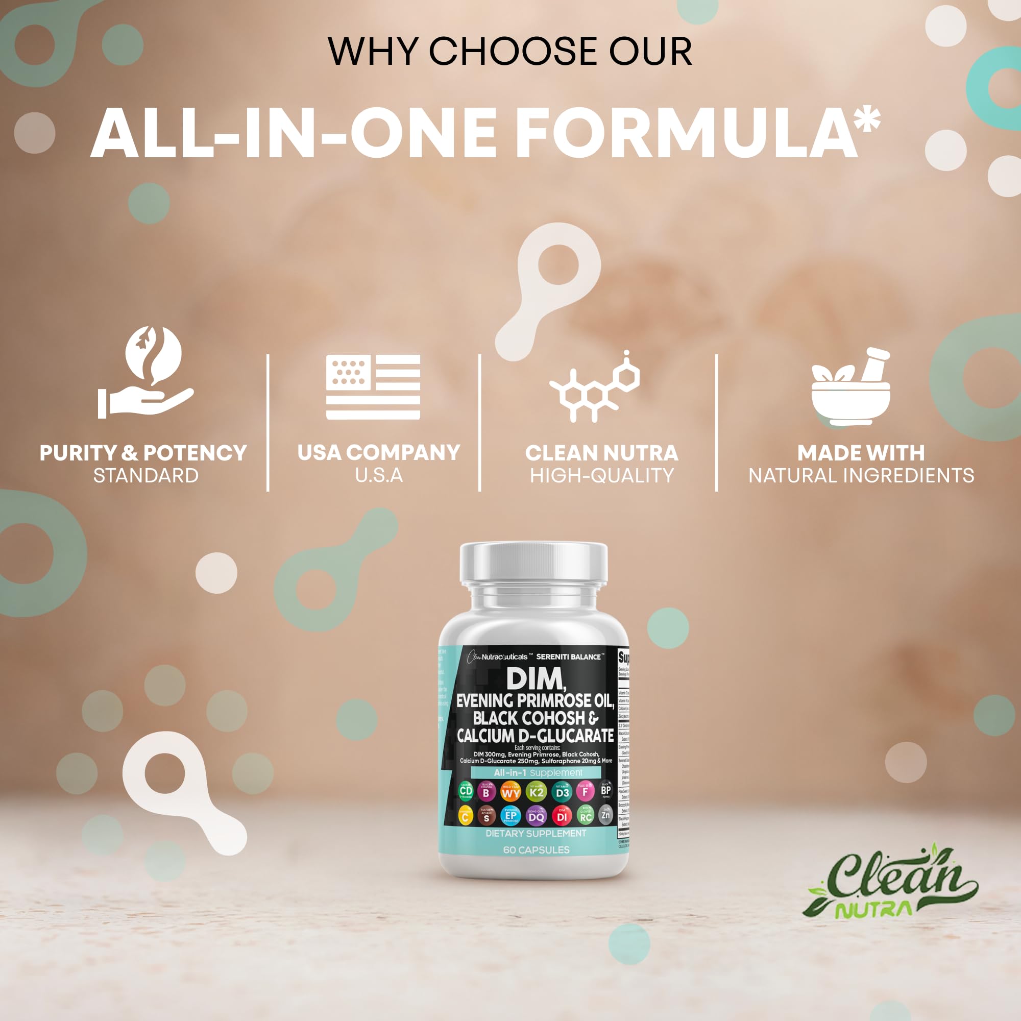 Clean Nutraceuticals DIM Evening Primrose Black Cohosh Calcium D-Glucarate Sulforaphane Flax Seed Extract - Hormonal Support Vitamins for Women with Dong Quai - 60 Caps Clean Nutraceuticals uk supplements