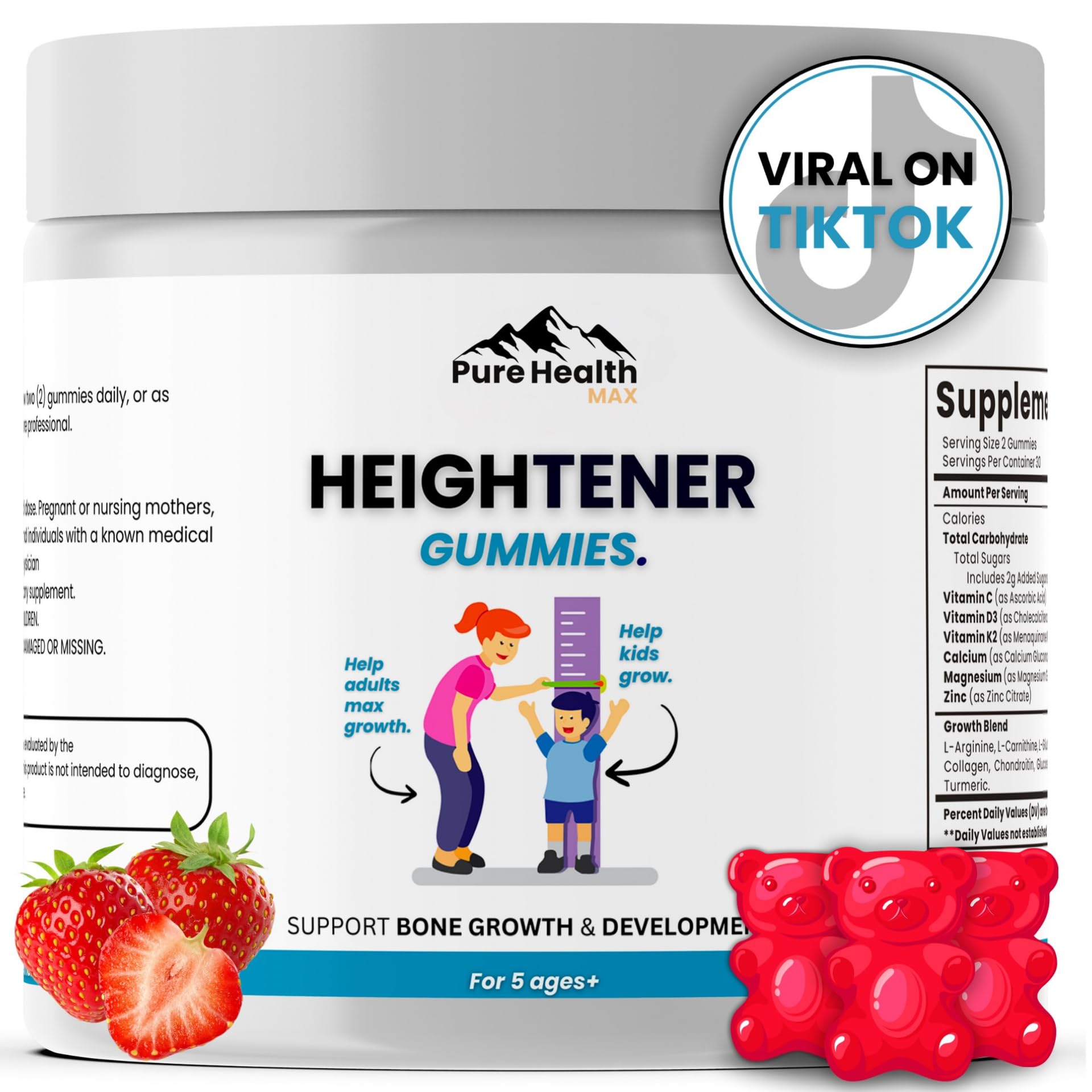 Heightener Gummies - Natural Height Growth Supplement for Kids, Teens and Adults to Increase Bone Strength and Grow Tall | Height Maximizer Pills with L-Arginine, Calcium & Zinc | 60 Gummy PURE HEALTH MAX uk supplements