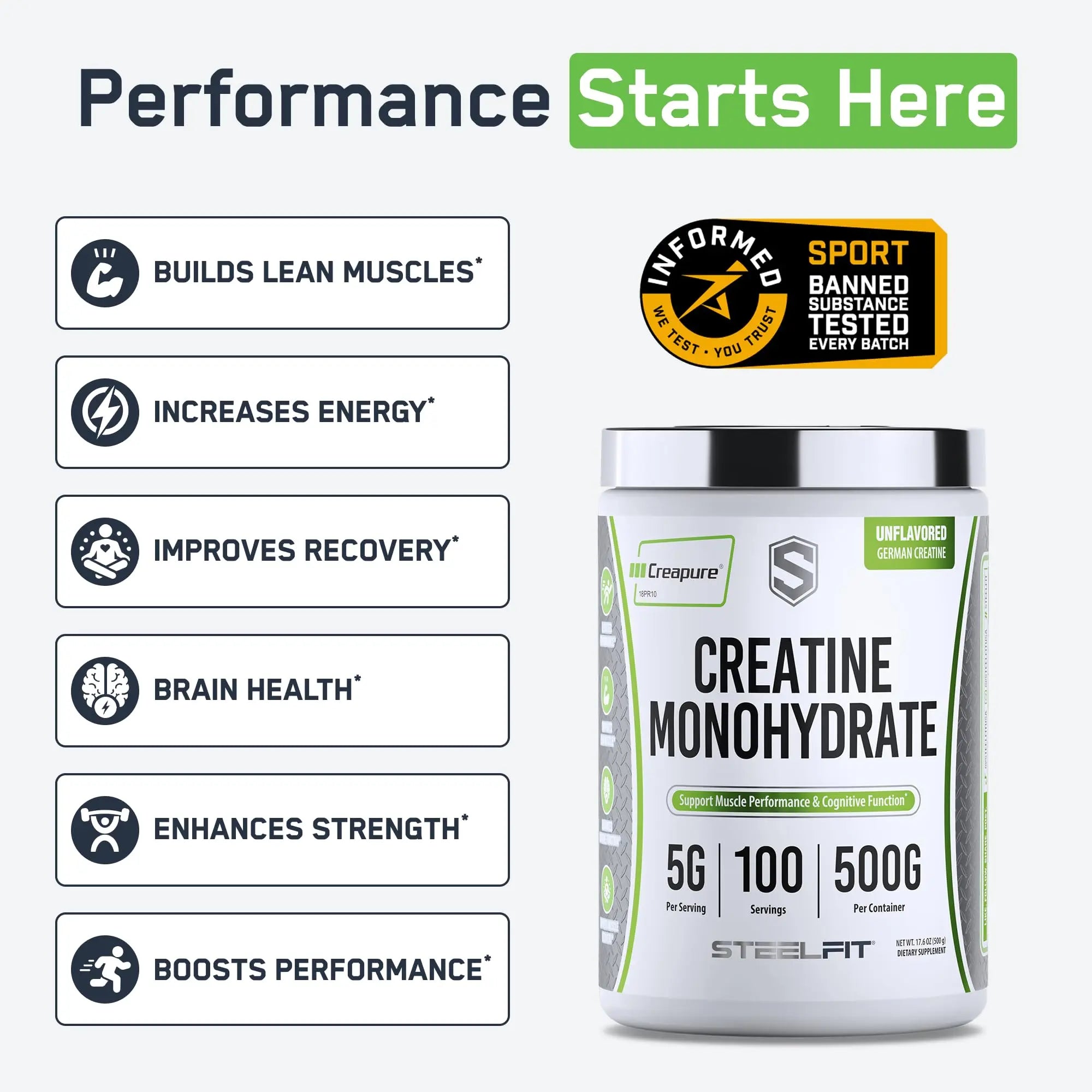 SteelFit Creapure Creatine Monohydrate Powder, Unflavored - German Micronized Creatine Powder for Men & Women - Gym Workout Nutritional Supplements for Muscle Gain SteelFit uk supplements