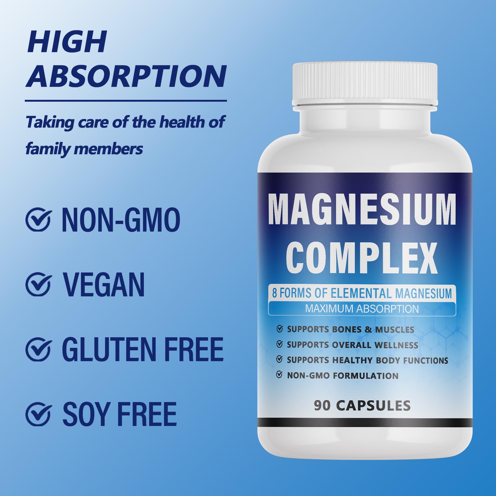 Magnesium Complex Supplement - 8 Elemental Magnesium 1000mg - Glycinate, Citrate, Malate, Taurate Chelated | Easy Absorption, Energy Support | Vegan Non-GMO, 90 Capsules (1pc) KFUKFU uk supplements