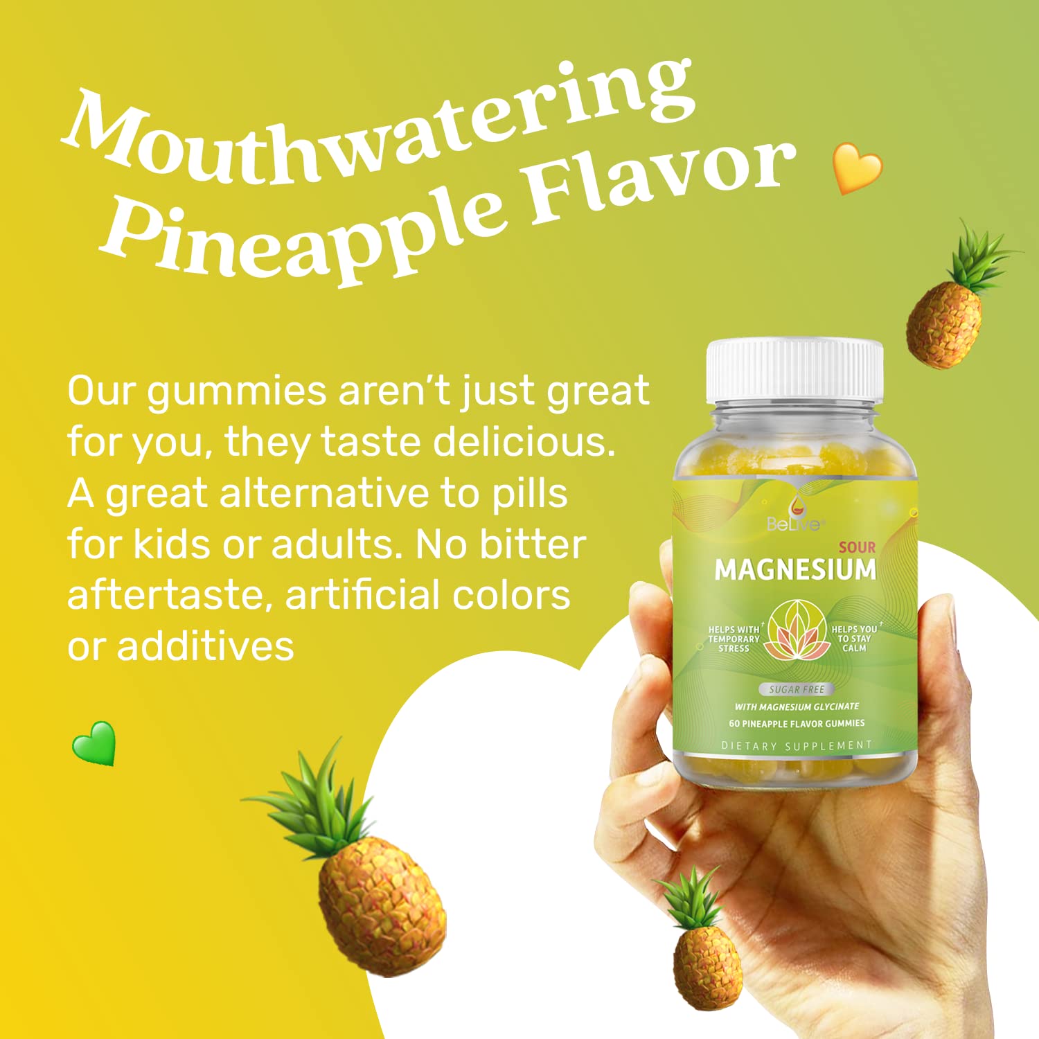 BeLive Magnesium Gummies 200mg - 60 Ct | Magnesium Glycinate Supplements for Relaxation, Stress Relief, and Sleep for Adults & Kids - Tasty and Tangy Pineapple Flavor BeLive uk supplements