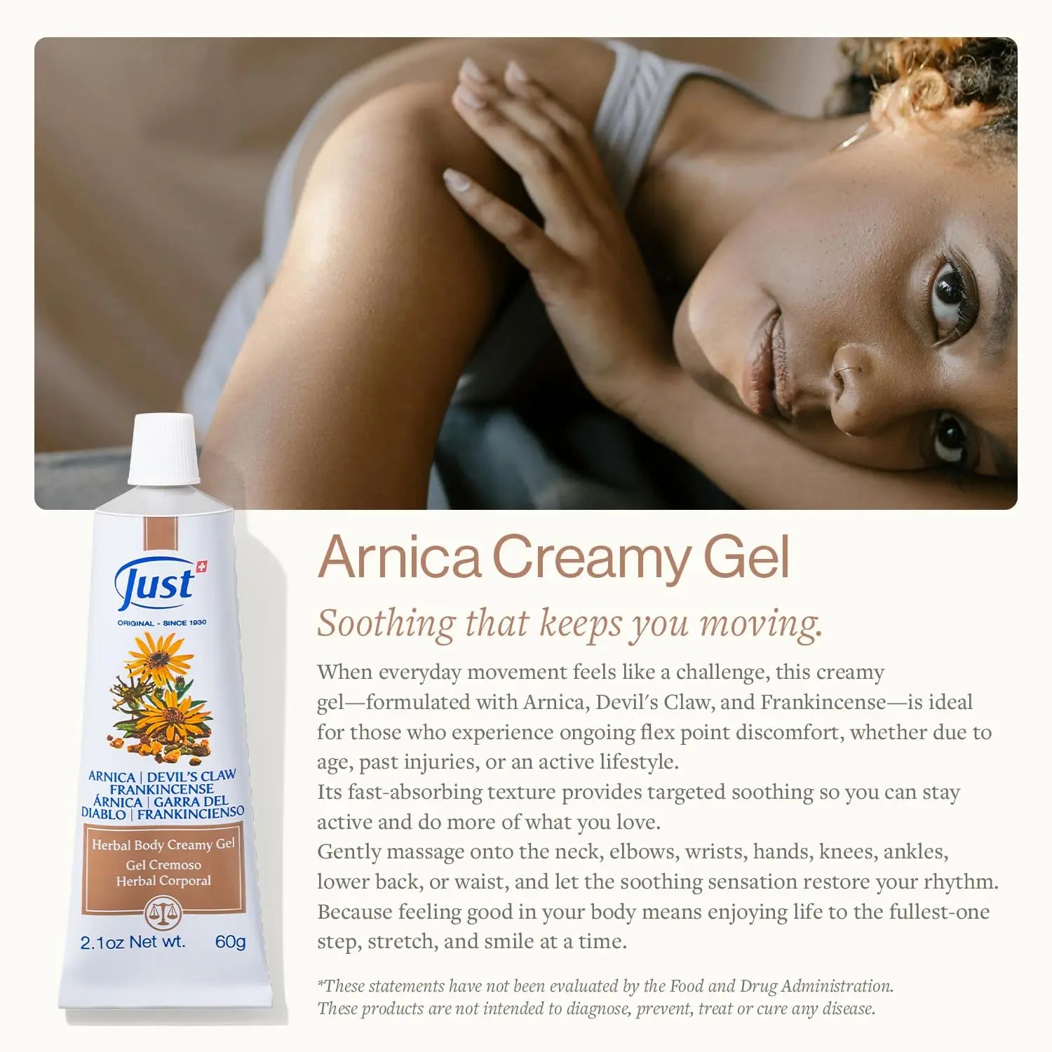 Swiss Just Arnica Gel, Arnica Creamy Gel 60g. Arnica Cream w/Devils Claw & Frankincense Oil. A Gentle Massage Cream on Wrists, Fingers, Knees, Ankles, Joints, Waist, Neck, and Back. SwissJust uk supplements