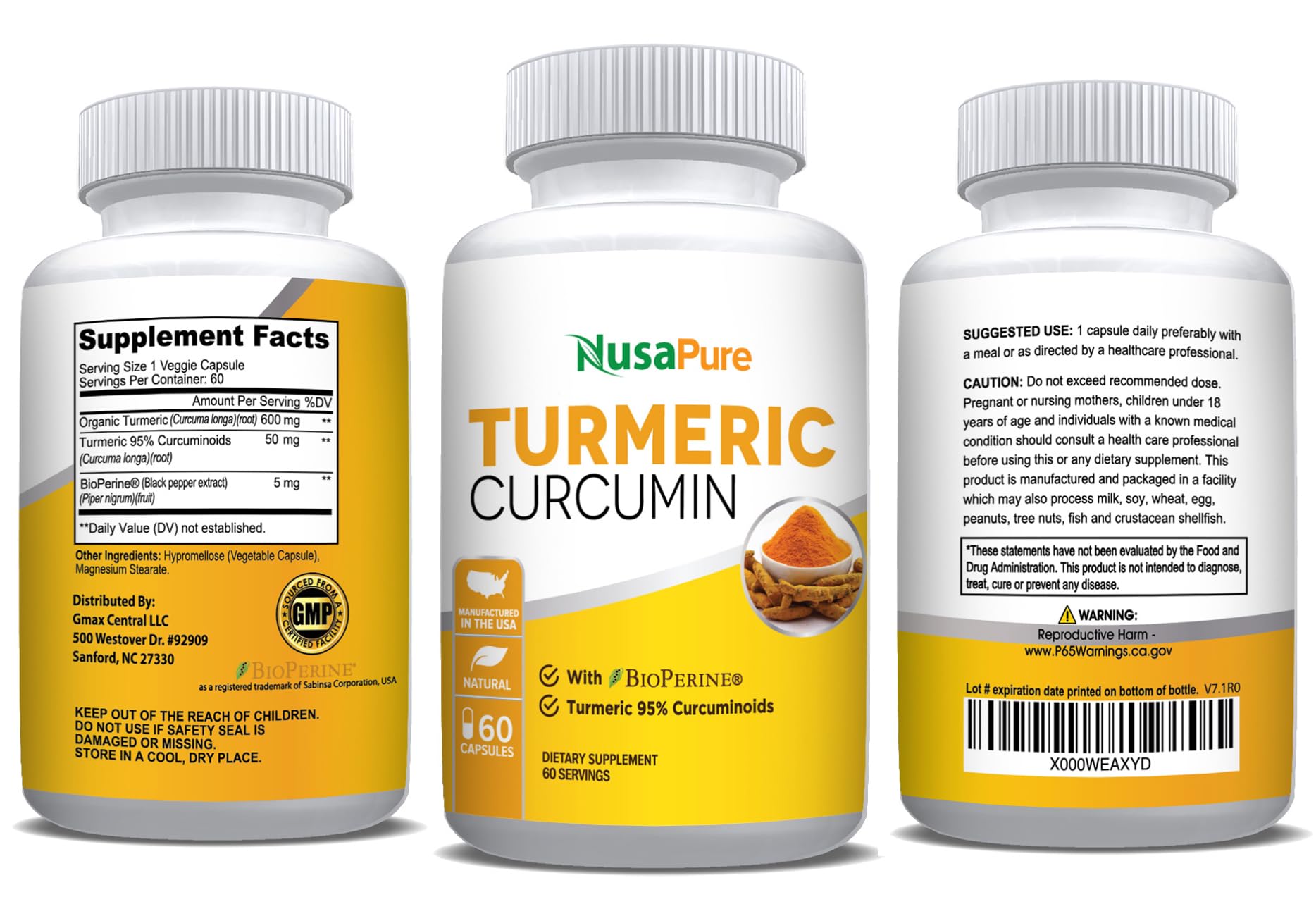 NusaPure Turmeric Curcumin 600 mg 60 Capsules Turmeric 95% Curcuminoids Dietary Supplement NusaPure uk supplements