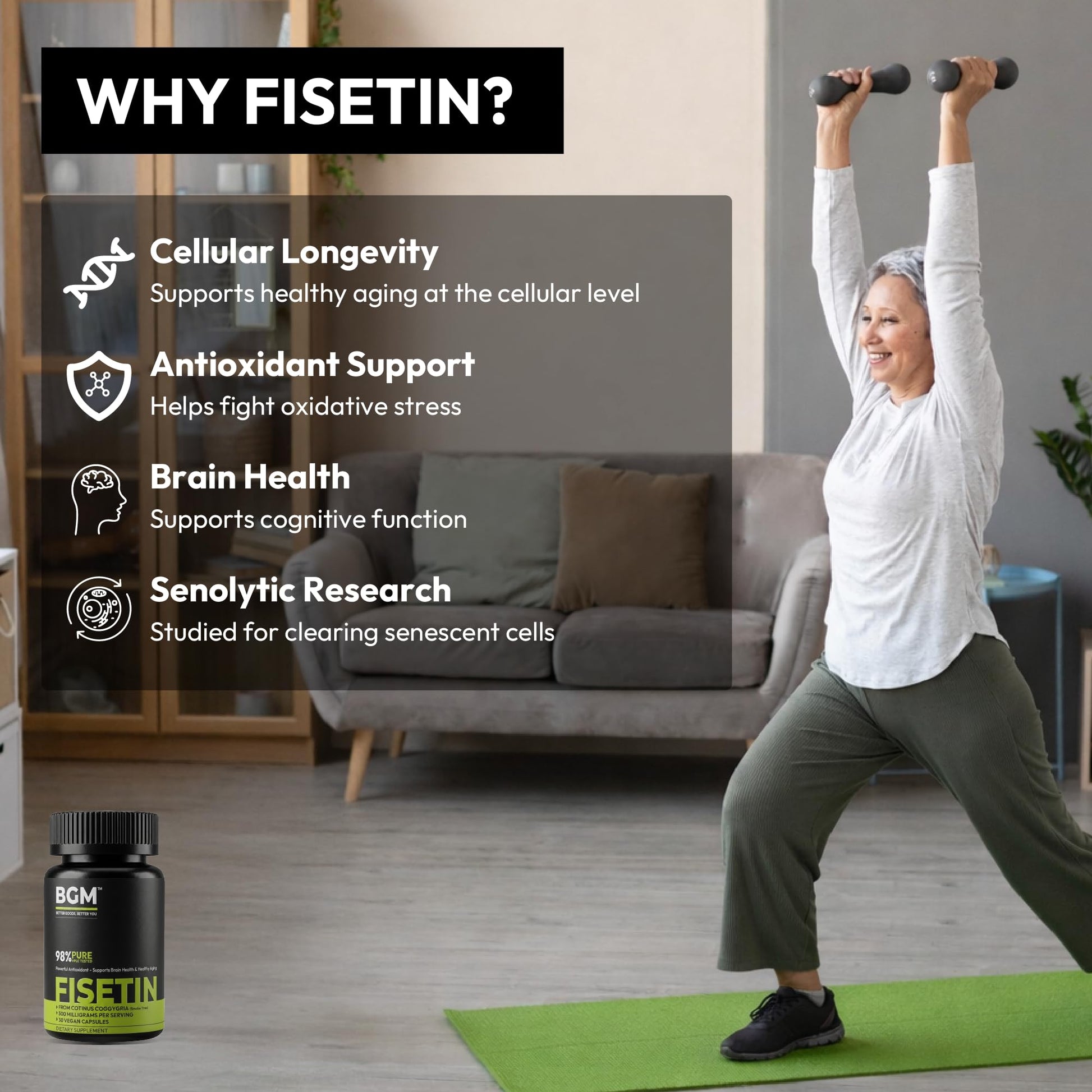 BGM Fisetin 500mg Supplement | Smoke Tree Extract (Cotinus coggygria) | 98% Pure Senolytic Antioxidant | Vegan Capsules | Supports Brain Health & Healthy Aging BGM Better Goods, Better You uk supplements