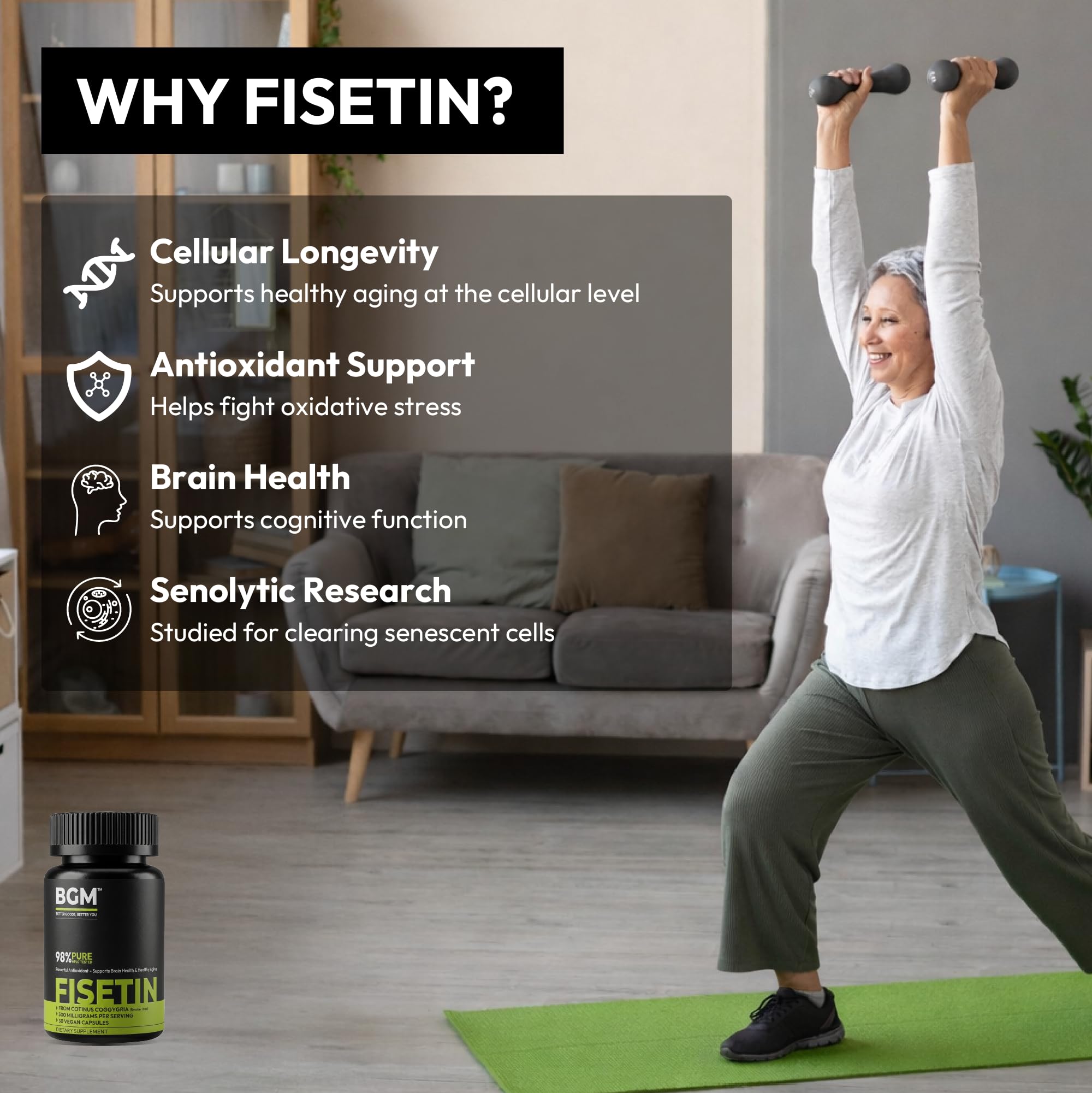 BGM Fisetin 500mg Supplement | Smoke Tree Extract (Cotinus coggygria) | 98% Pure Senolytic Antioxidant | Vegan Capsules | Supports Brain Health & Healthy Aging BGM Better Goods, Better You uk supplements