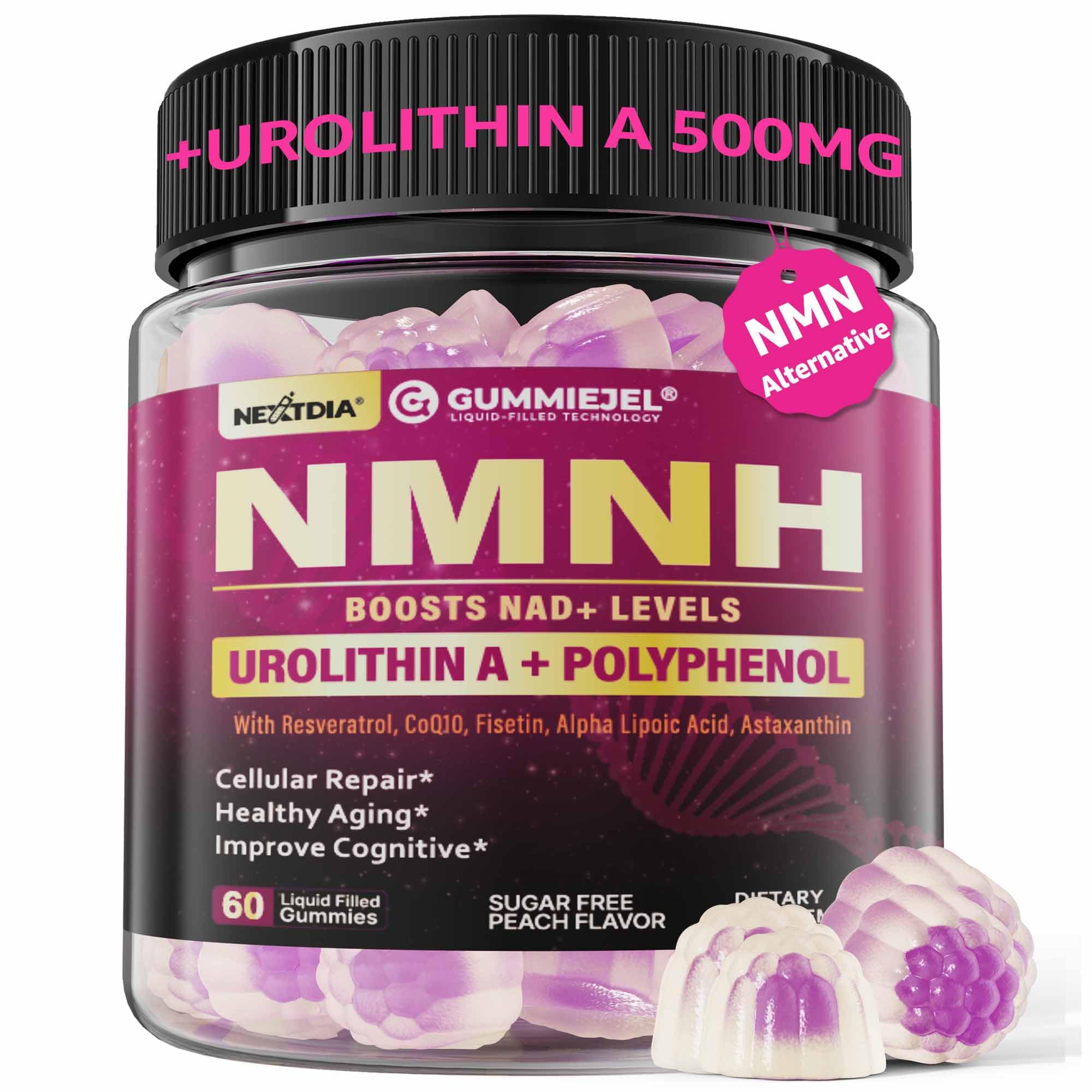 NMNH Gummies 300MG for Longevity with Urolithin A, Polyphenol Blend, Resveratrol, NAD+ Supplement for Women & Men Boost NAD+ Levels, Optimized Aging, Cell, DNA Repair, Energy, Focus, Sugar Free, 60cts Nextdia uk supplements