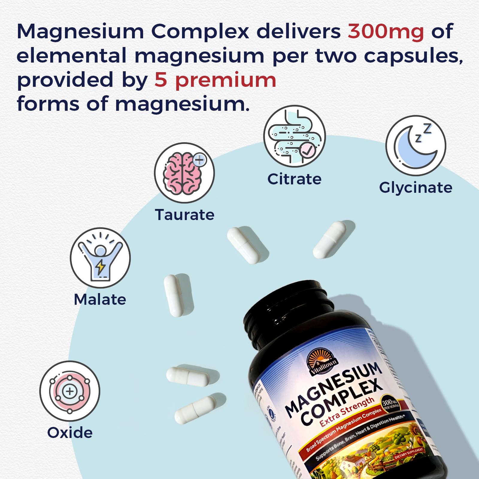 Vitalitown Magnesium Complex Supplement | 300mg Elemental Mag | Magnesium Citrate Glycinate Taurate Malate | Non-GMO, No Gluten, 90 Vegan Magnesio Capsules for Bone Brain Heart Vitalitown uk supplements
