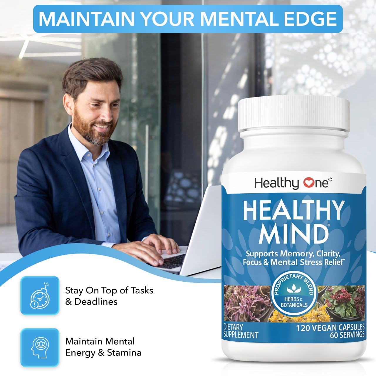 Healthy Mind - Safe for Teens - Brain Fog - Cognitive Function - Concentration - Focus - Neural Optimization - Mood - Ginkgo Biloba - Ginseng - Rhodiola - Bacopa - Gotu Kola - Green Tea - 60 Count Healthy One uk supplements