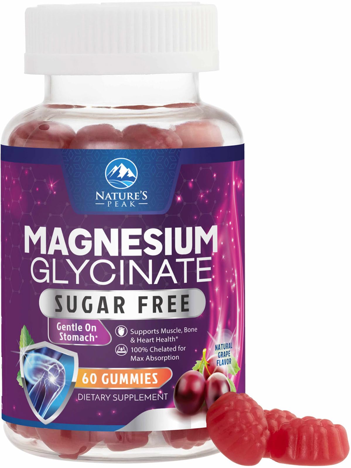 Magnesium Glycinate Gummies - Sugar Free - 100% Chelated Magnesium Gummy Supplement for Max Absorption - for Sleep Support & Heart, Muscle & Bone Health - Gentle on Stomach, Grape Flavor - 60 Gummies Nature's Peak uk supplements