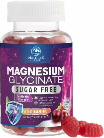 Magnesium Glycinate Gummies - Sugar Free - 100% Chelated Magnesium Gummy Supplement for Max Absorption - for Sleep Support & Heart, Muscle & Bone Health - Gentle on Stomach, Grape Flavor - 60 Gummies Nature's Peak uk supplements