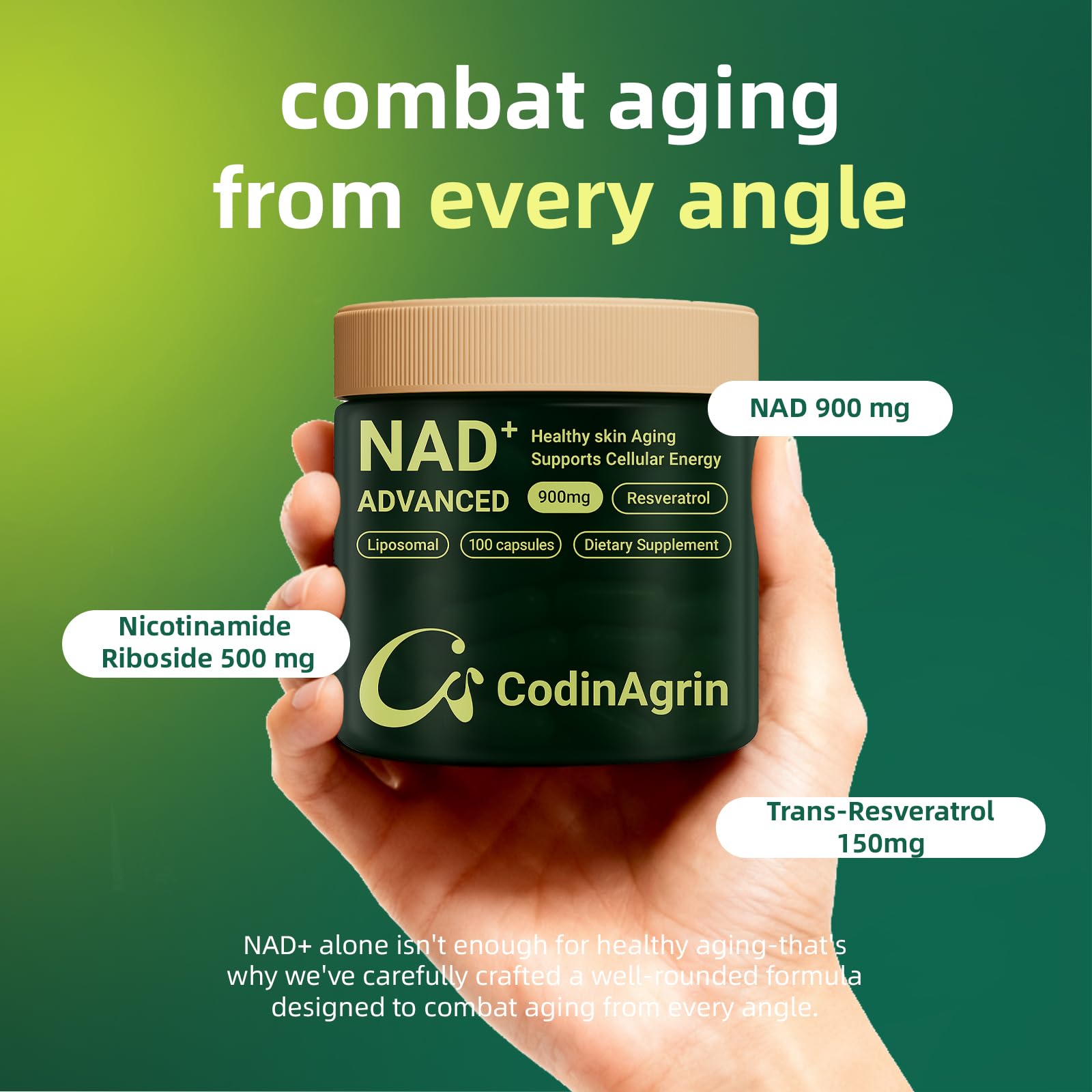 CodinAgrin NAD+ Supplement with Resveratrol 900mg Nicotinamide Adenine Dinucleotide Complex for Cellular Energy Repair, Anti-Aging & Mental Clarity Support, Non-GMO, Vegetarian Friendly, 100 Capsules CodinAgrin uk supplements