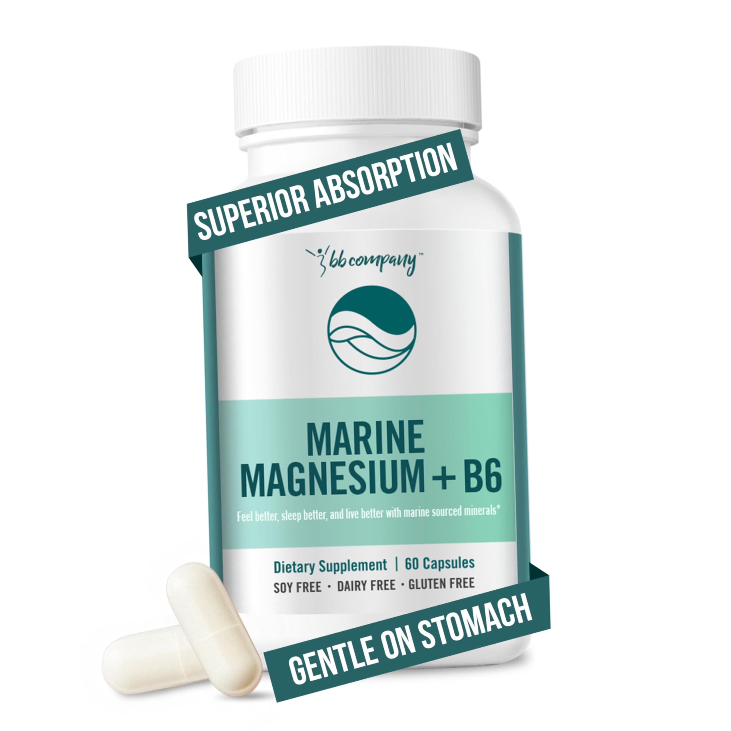 Ocean Magnesium 200mg Aquamin | More Soluble Than Magnesium Glycinate | Whole Food Mag B6 Supplement for Women | Gentle on Stomach & Vegan | Sleep Support, Calms Nerves & Leg Cramps | 60 Ct BB Company uk supplements