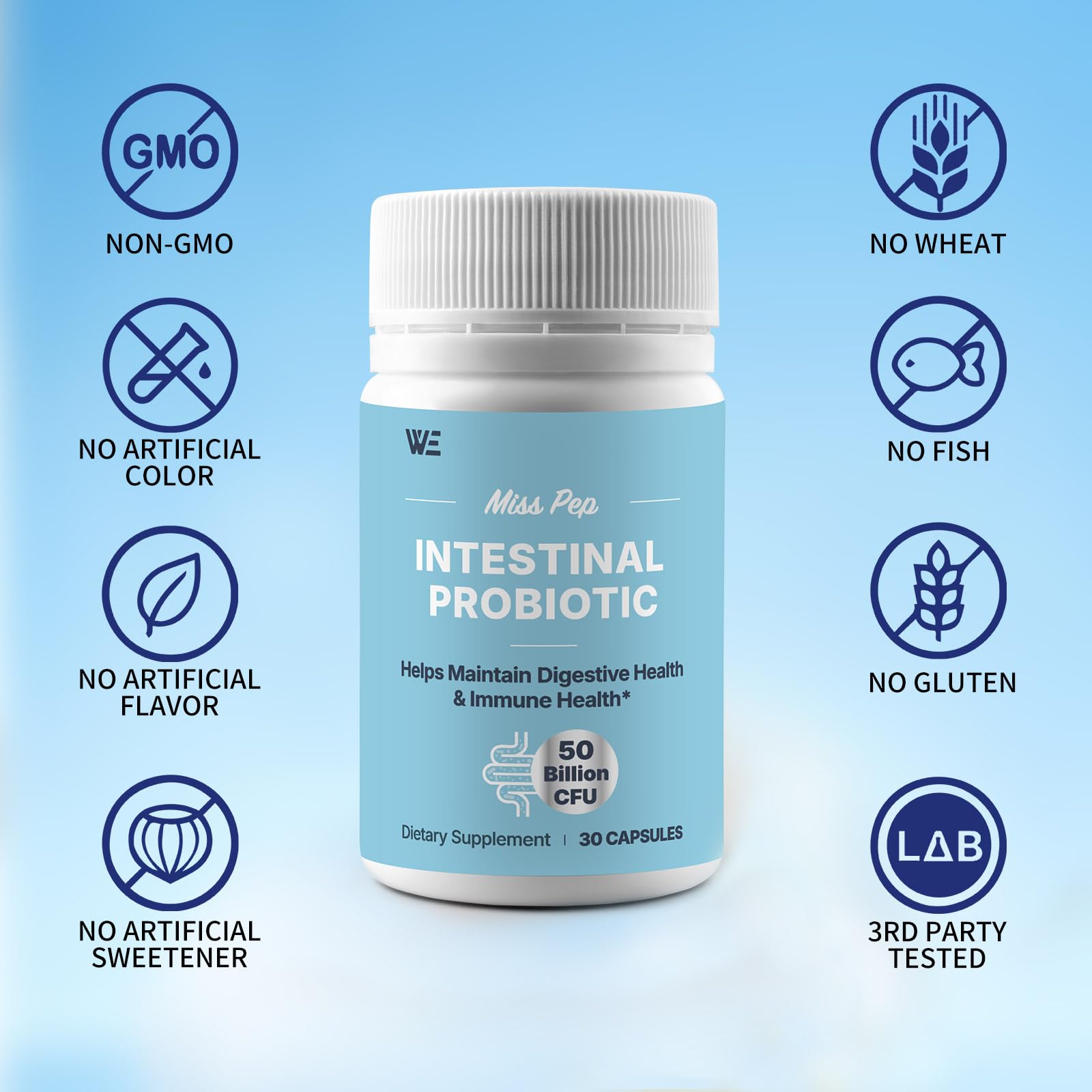 MISS PEP Probiotics 50 Billion CFU - 8 Unique Strains + 3 Prebiotics - Immune, Digestive & Gut Health - Supports Occasional Constipation, Diarrhea, Gas & Bloating - Probiotics for Women & Men - 30ct MISS PEP uk supplements