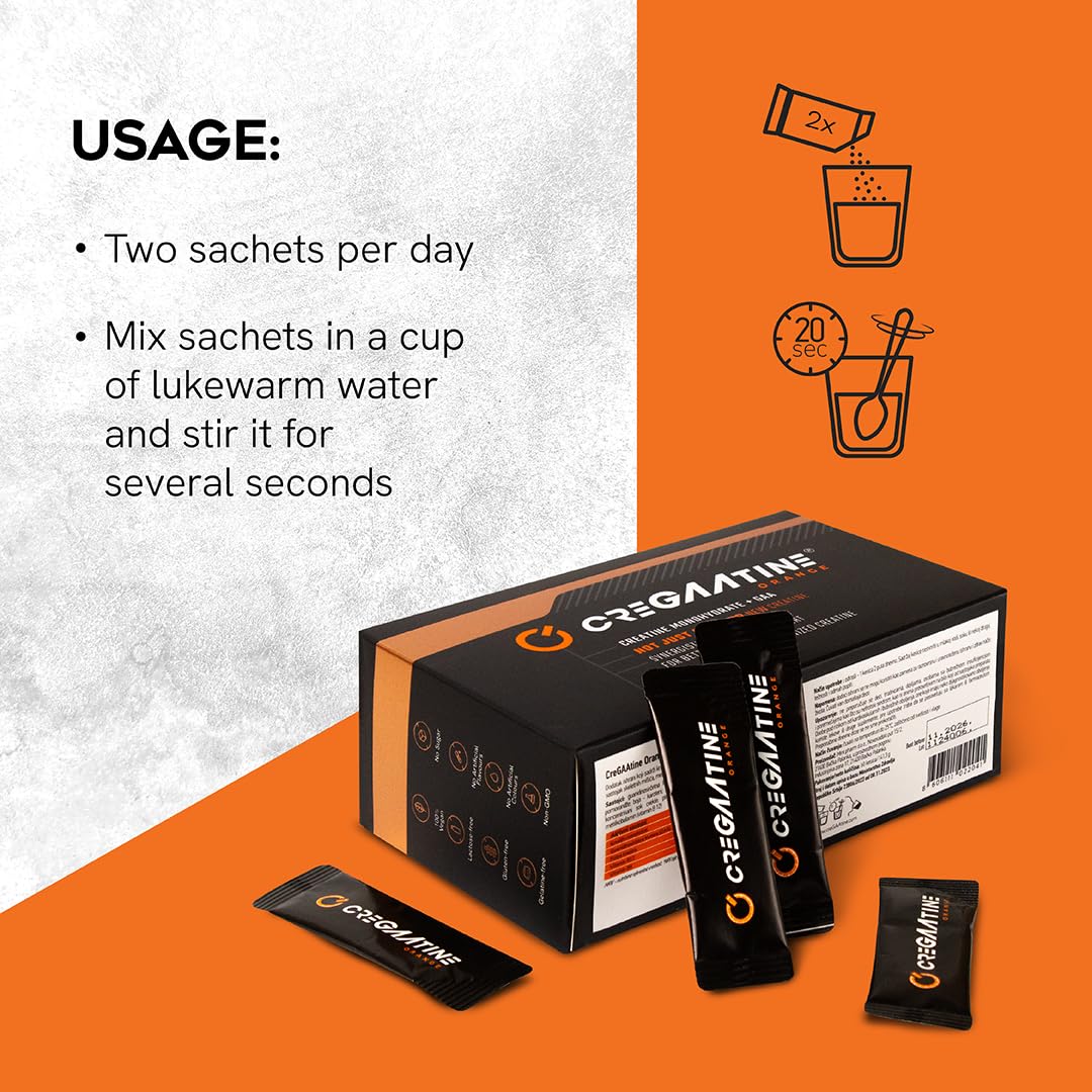 CreGAAtine Micronized Creatine Monohydrate + GAA | Increase Strength, No Water Retention | Boosts Memory & Focus | Single-Serve Packets | 60 Sachets, 30 Servings | (Sachets, Orange) CreGAAtine uk supplements