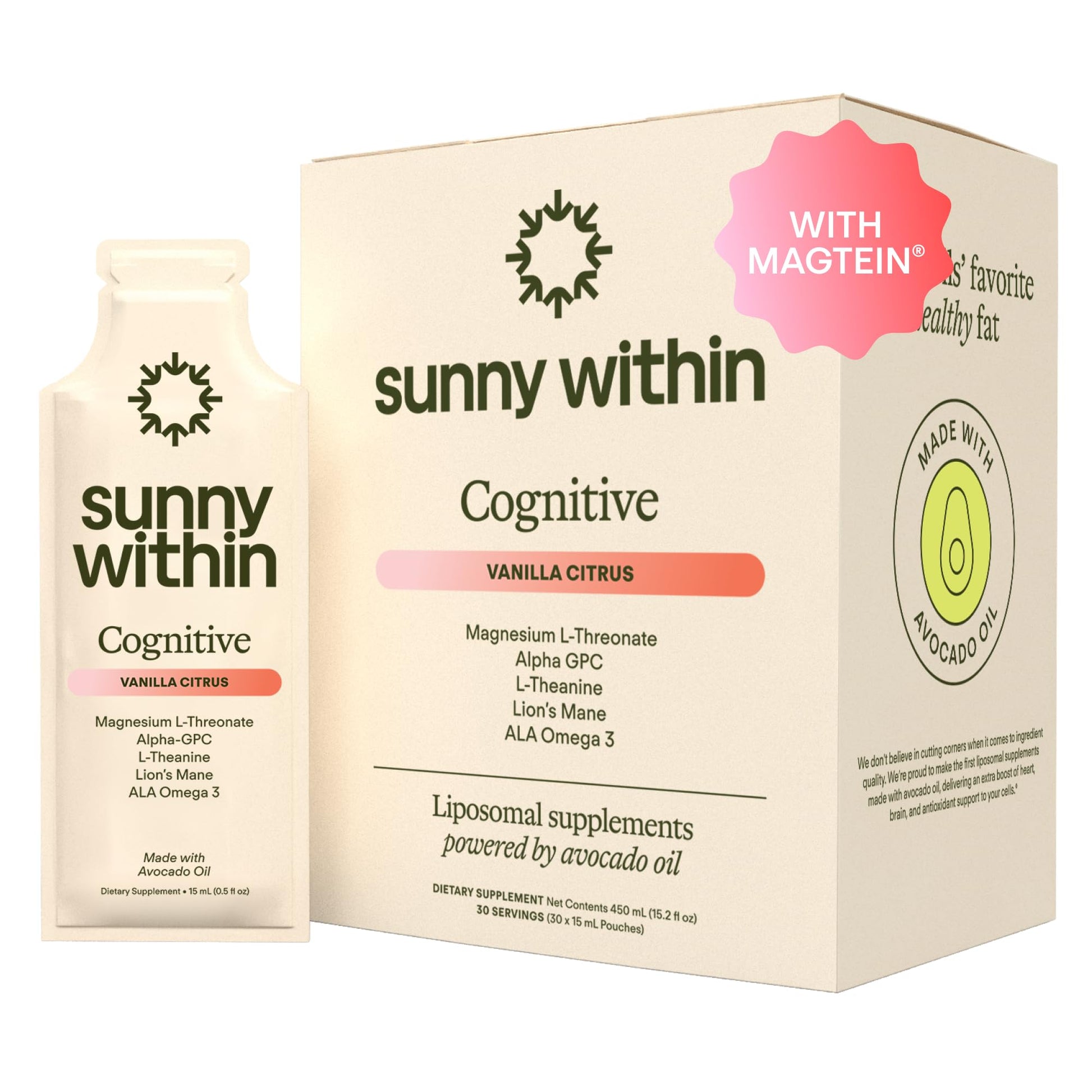 Sunny Within - Brain Health Supplement - Magnesium L-Threonate from Magtein®, Lion’s Mane, Alpha GPC, L-Theanine, ALA & Avocado Oil - Focus, Mood & Memory Support* - 30 Daily Vegan Pouches Sunny Within uk supplements
