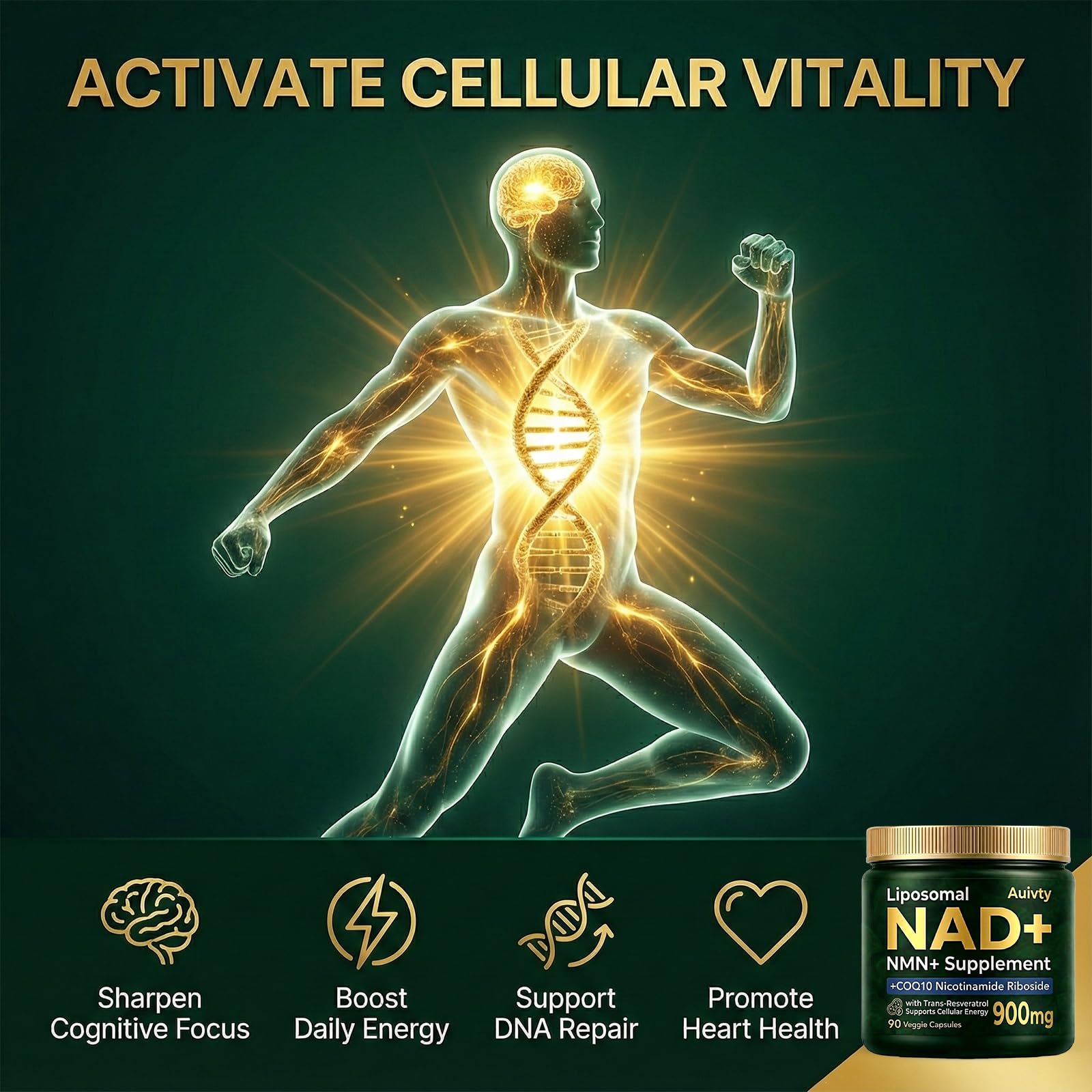 Auivty Liposomal NAD+ NMN Supplement with COQ10, Nicotinamide Riboside, Trans-Resveratrol, 900mg, 90 Veggie Capsules Auivty uk supplements