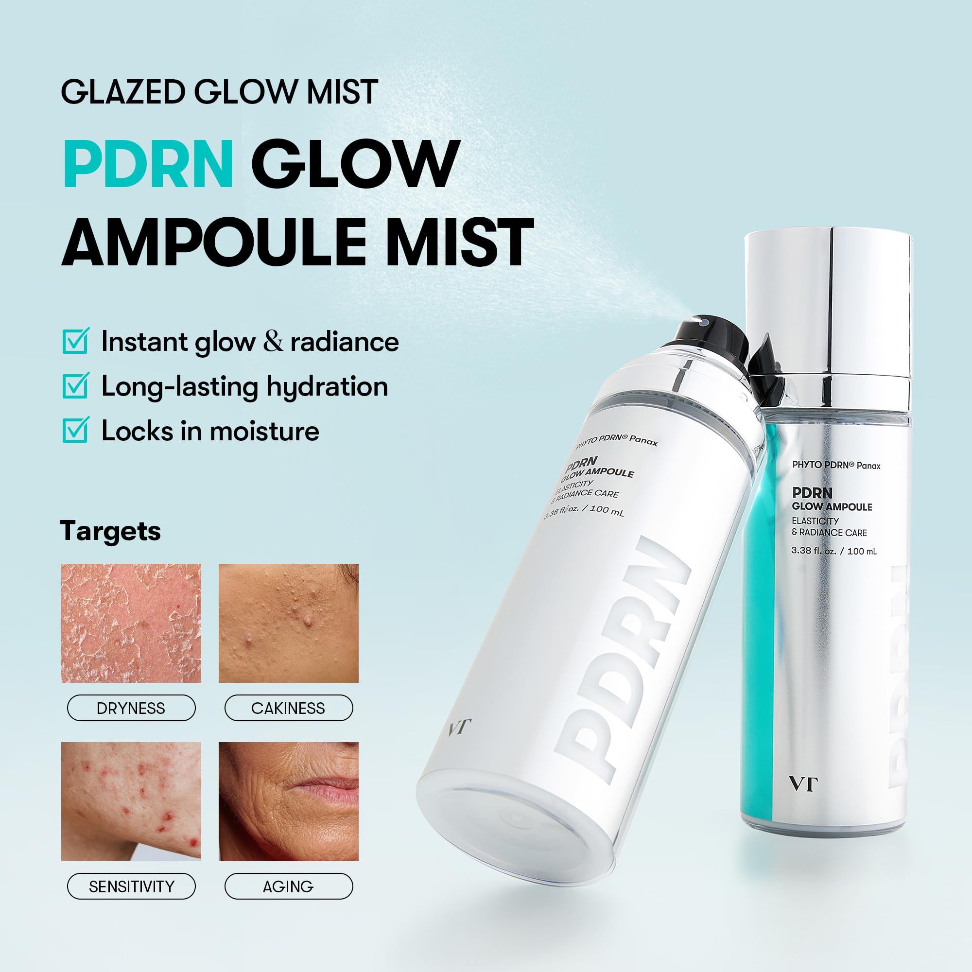 VT COSMETICS PDRN Glow Ampoule, PDRN Facial Mist, Deep Hydration Spray Serum, Vegan Skin Care, Light-weight Face Moisturizer, Plumping Effect, Fragrance-Free, Korean SkinCare (3.38 fl oz / 100 ml) VT COSMETICS uk supplements