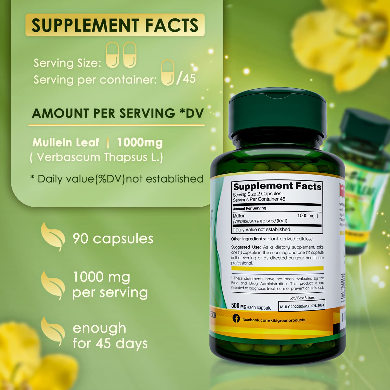 KIKI Green Mullein Leaf Extract Capsules - Herbal Respiratory Supplement - for Lung Cleans KIKI Green uk supplements