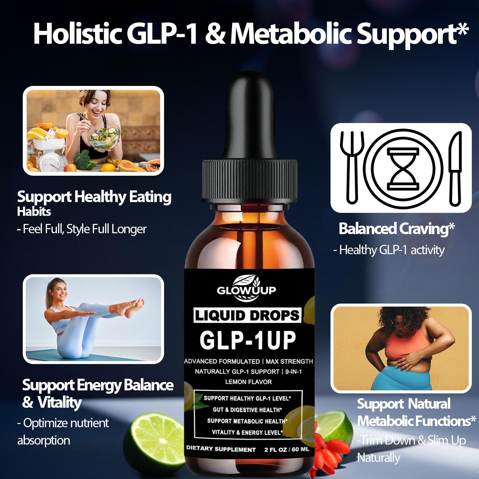 GLP-1 Supplement for Women & Men, 9-in-1 Naturally GLP-1 Support w. Berberine HCI Cyelon Cinnamon Green Tea Eriocitrin, GLP1 for Gut Digestion Metabolic, GLP-1 Drops 6X Stronger Than Capsules GLOVVUUP uk supplements
