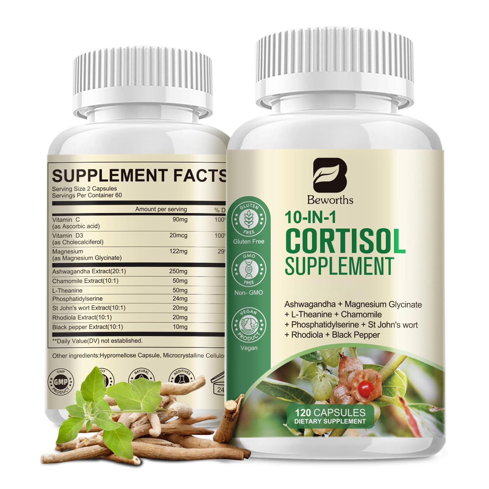 B BEWORTHS Cortisol Supplements for Women Men, 10-in-1 Cortisol Detox with Ashwagandha, Magnesium, L-Theanine, Balanced Cortisol Levels, Night & Calm Support, 120 Vegan Capsules B BEWORTHS uk supplements