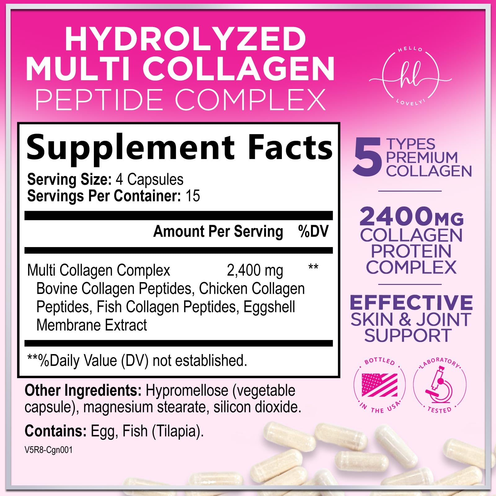Multi Collagen Supplement 2400 mg - Types I, II, III, V & X Multi Collagen Peptides Pills for Women & Men, Hydrolyzed Collagen Supplements, Hair, Skin, Nail, & Joint Support Supplement, 60 Capsules Hello Lovely! uk supplements