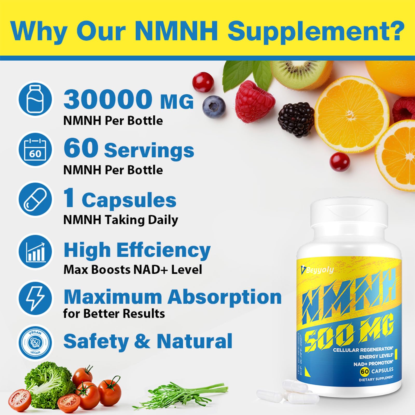 NMNH (NMN Supplement Alternative) NAD Supplements for Anti Aging, Energy, Immune, Focus (Dihydronicotinamide Mononucleotide) 500mg, to Boost NAD+ Levels As We Age, Pure Organic - 60 Capsules Beyyoly uk supplements
