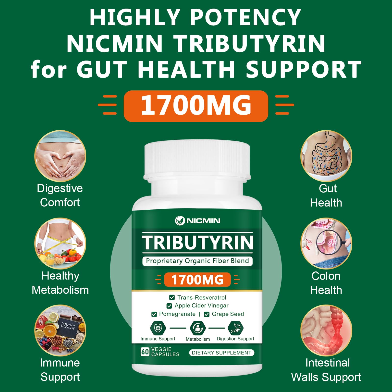 NICMIN Tributyrin Supplement - Premium Butyrate Gut Health Supplement for Leaky Gut 60 Capsules NICMIN uk supplements