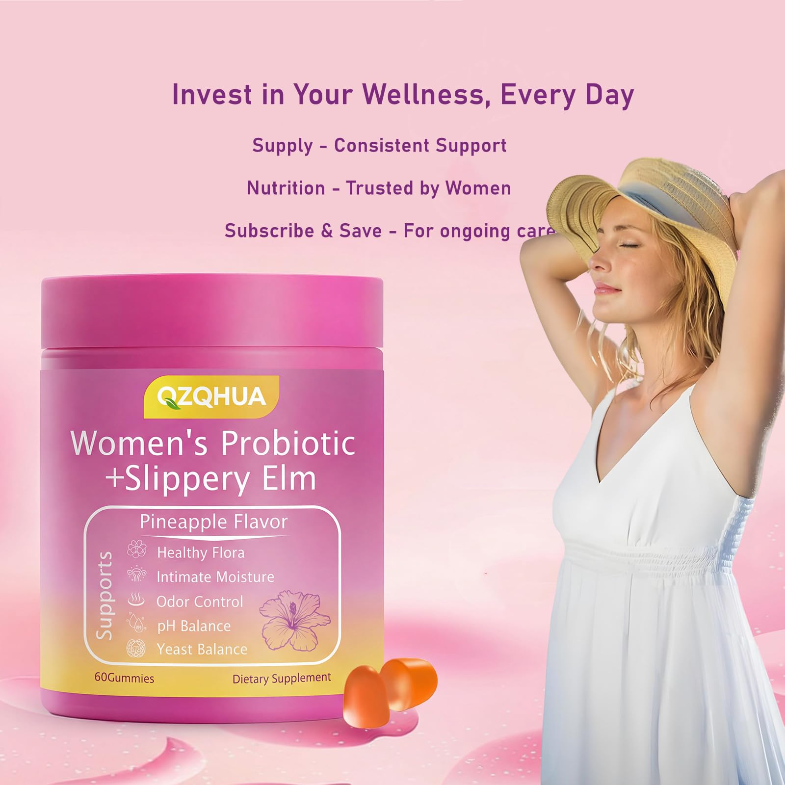Premium Feminine Balance Gummies for Women - 60 Gummies, Hawaiian Pineapple Flavor - with Probiotics & Vitamin C - Supports Feminine Wellness & Healthy Balance - Gluten Free, Vegan（30 Servings）（Q2） QZQHUA uk supplements