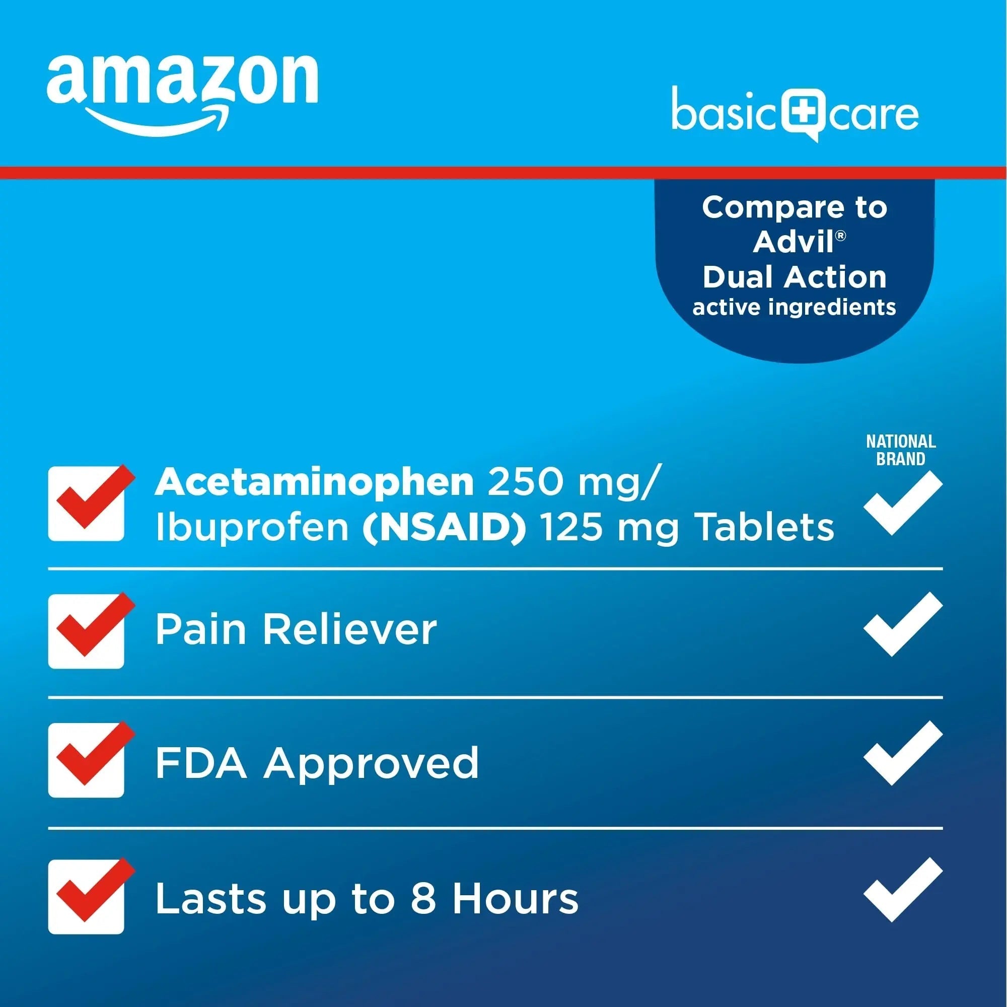 Amazon Basic Care Dual Action Acetaminophen 250 mg and Ibuprofen (NSAID) 125 mg Tablets, Pain Reliever for Headache, Backache, Menstrual Pain, Arthritis Pain Relief, 216 Count Amazon Basic Care uk supplements