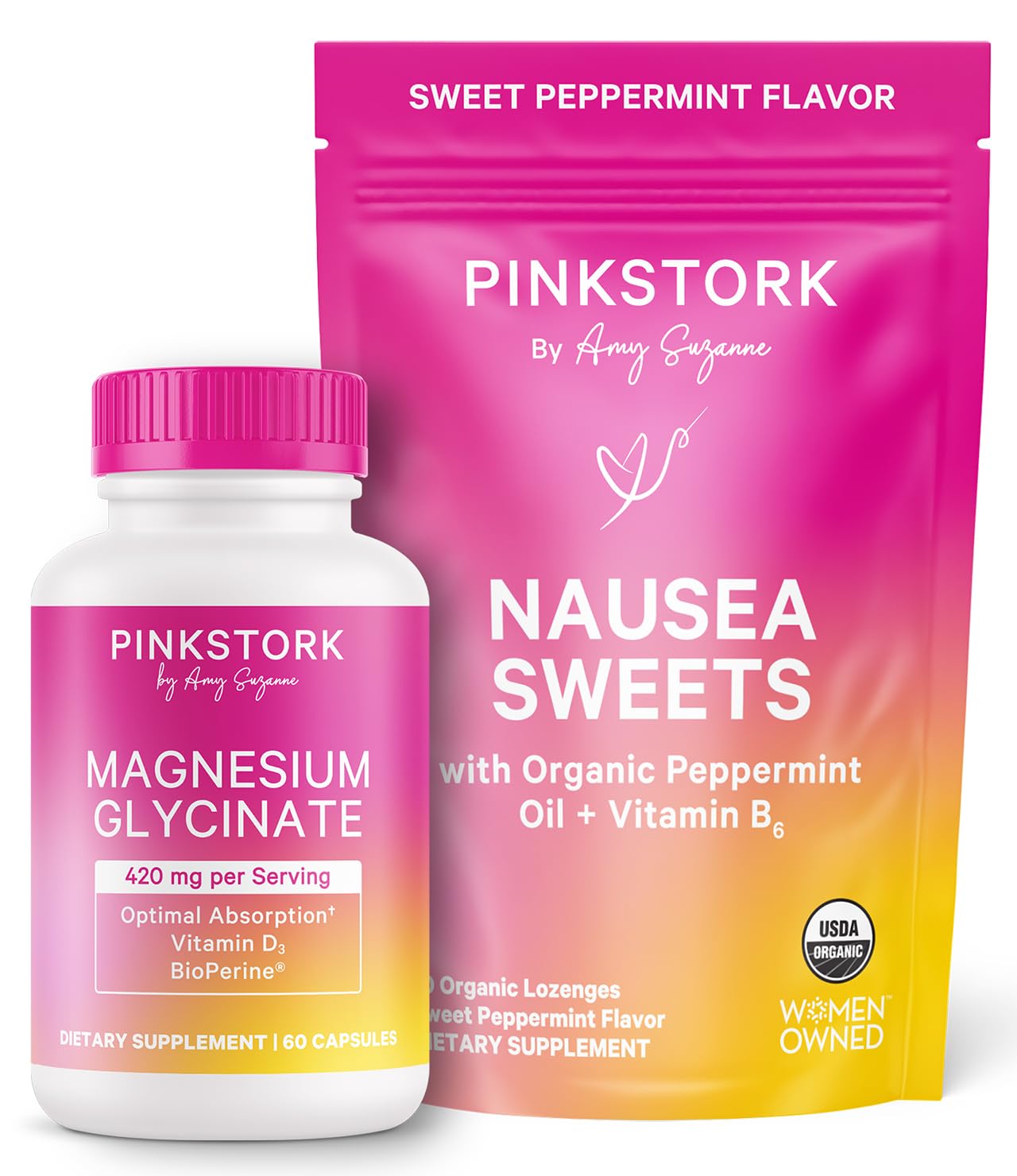 Pink Stork Mood and Stomach Relief Bundle - Magnesium Glycinate and Organic Peppermint Sweets for Morning Sickness and Motion Sickness, Mood Support Pink Stork uk supplements