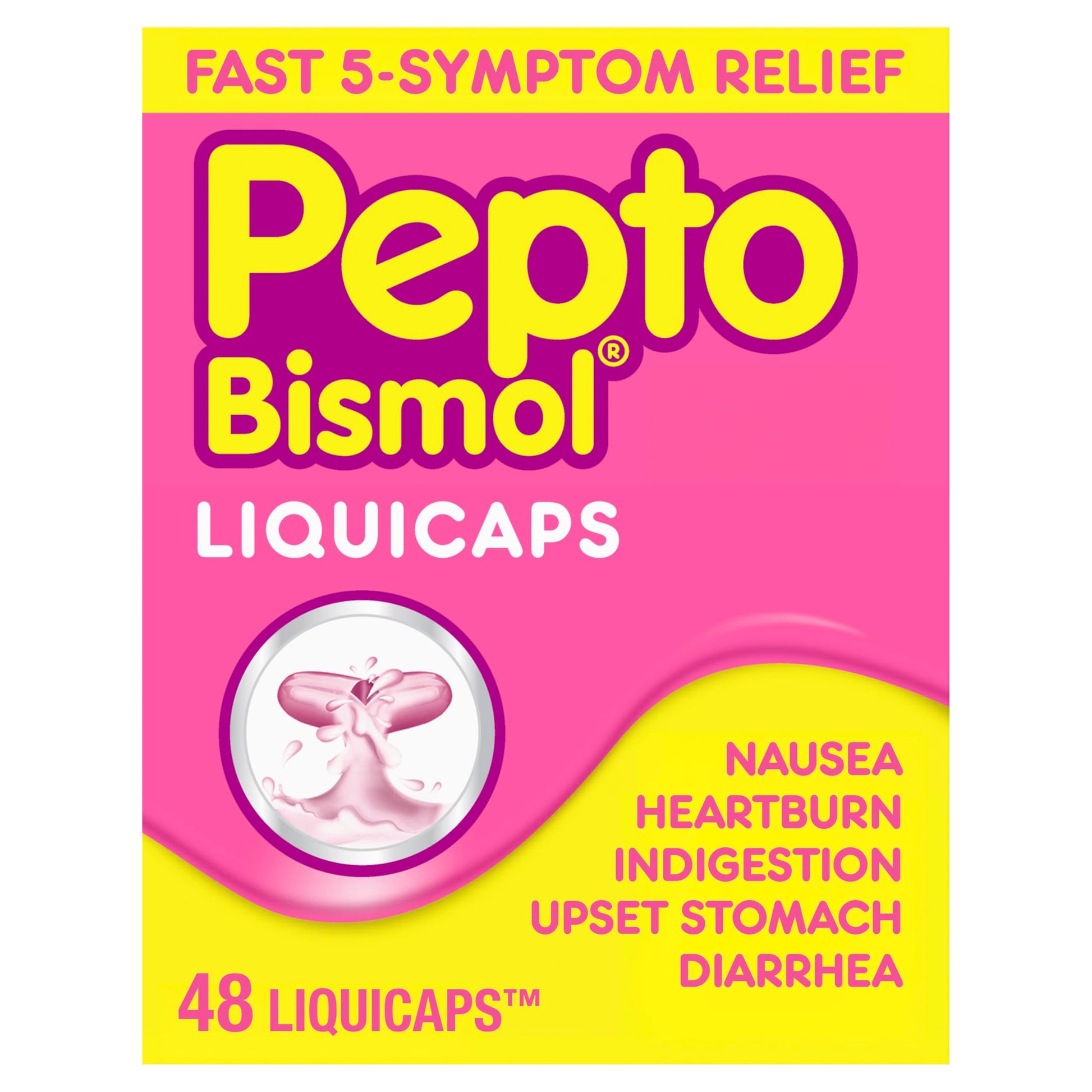 Pepto Bismol Liquicaps, Upset Stomach Relief, Nausea Relief, Heartburn Relief, Indigestion Relief, Anti Diarrhea Medication for Adults - 5 Symptom Fast Relief, No Flavor, 48 ct Pepto Bismol uk supplements