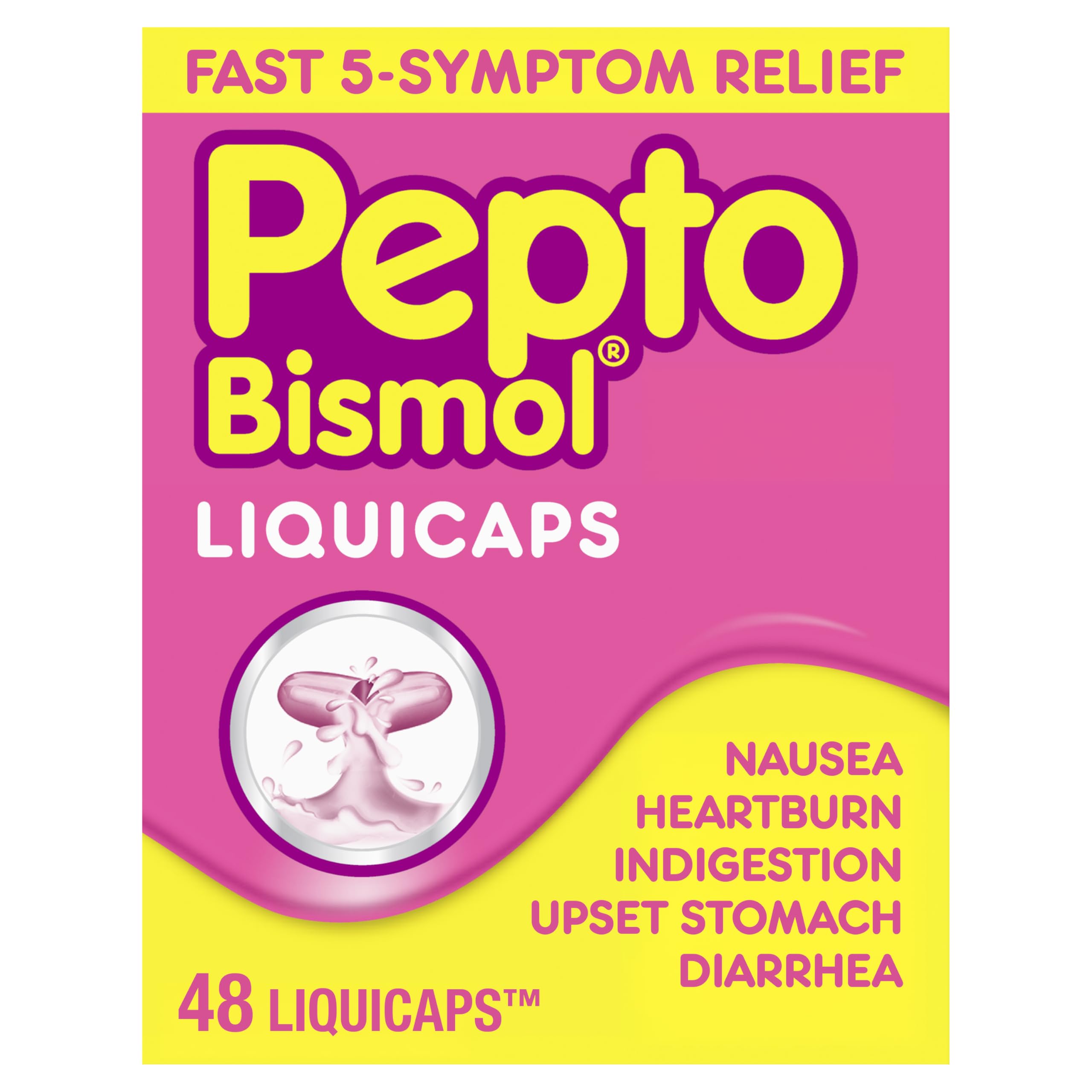Pepto Bismol Liquicaps, Upset Stomach Relief, Nausea Relief, Heartburn Relief, Indigestion Relief, Anti Diarrhea Medication for Adults - 5 Symptom Fast Relief, No Flavor, 48 ct Pepto Bismol uk supplements