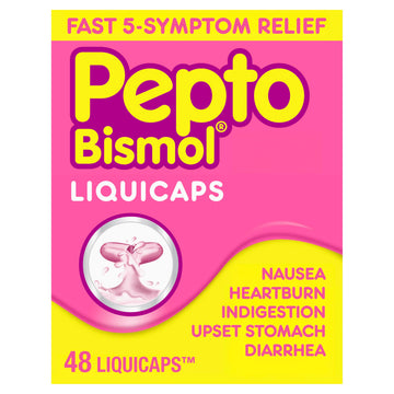 Pepto Bismol Liquicaps, Upset Stomach Relief, Nausea Relief, Heartburn Relief, Indigestion Relief, Anti Diarrhea Medication for Adults - 5 Symptom Fast Relief, No Flavor, 48 ct Pepto Bismol uk supplements