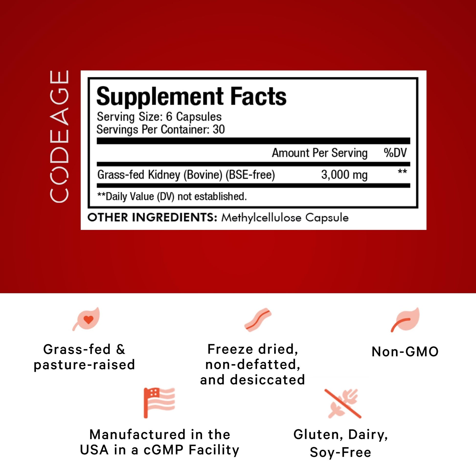 Codeage Grass Fed Beef Kidney Supplement - Freeze Dried, Non-Defatted, Desiccated Glandulars Nutrition Bovine Pills – Pasture Raised Beef Vitamins - Non-GMO -180 Capsules Codeage uk supplements