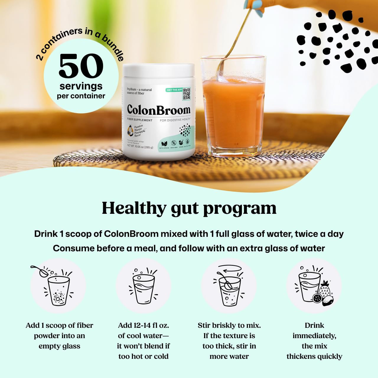 ColonBroom Psyllium Husk Powder - Colon Cleanse for Bloating Relief & Gut Health - Fiber Powder Drink - Easy to Mix - Vegan, Gluten Free, Non-GMO - Strawberry & Tropical Fruits (2 Pack) ColonBroom uk supplements