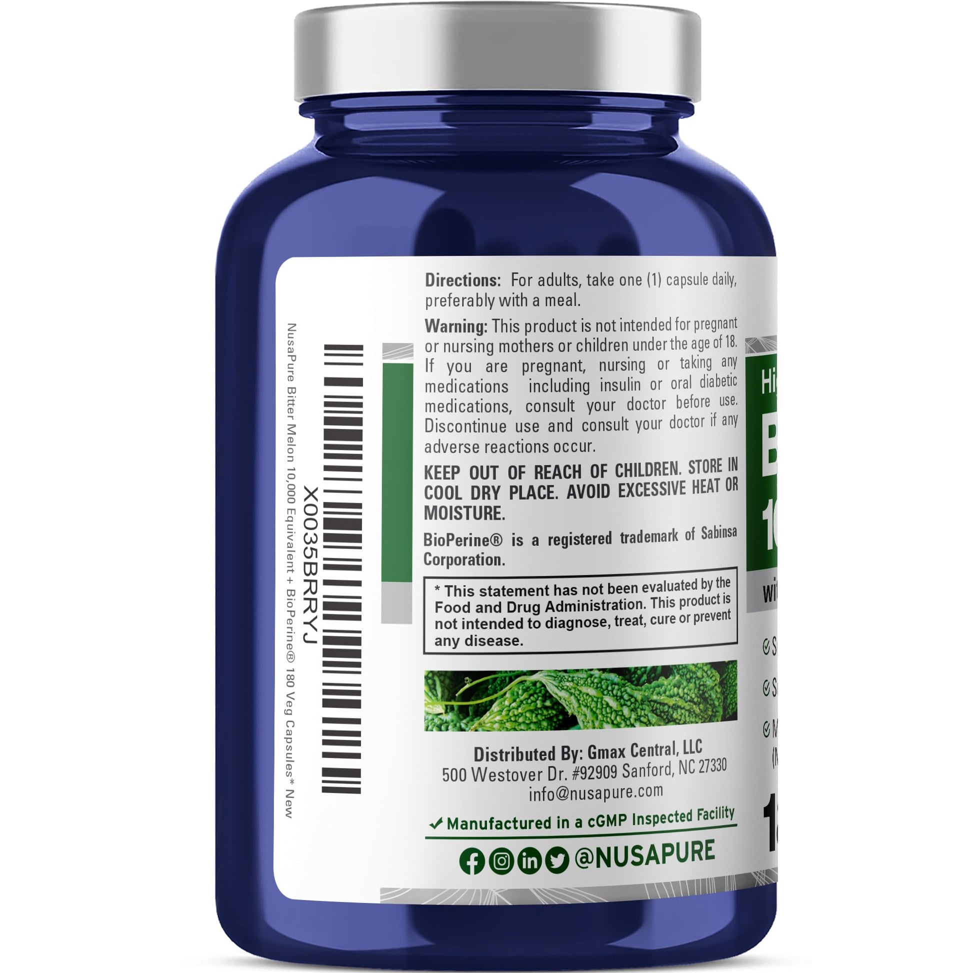 NusaPure Bitter Melon Extract 10,000 mg 180 Vegan Caps (100% Vegetarian, Non-GMO, Gluten-Free, 10% Bitter Principles) Bioperine NusaPure uk supplements