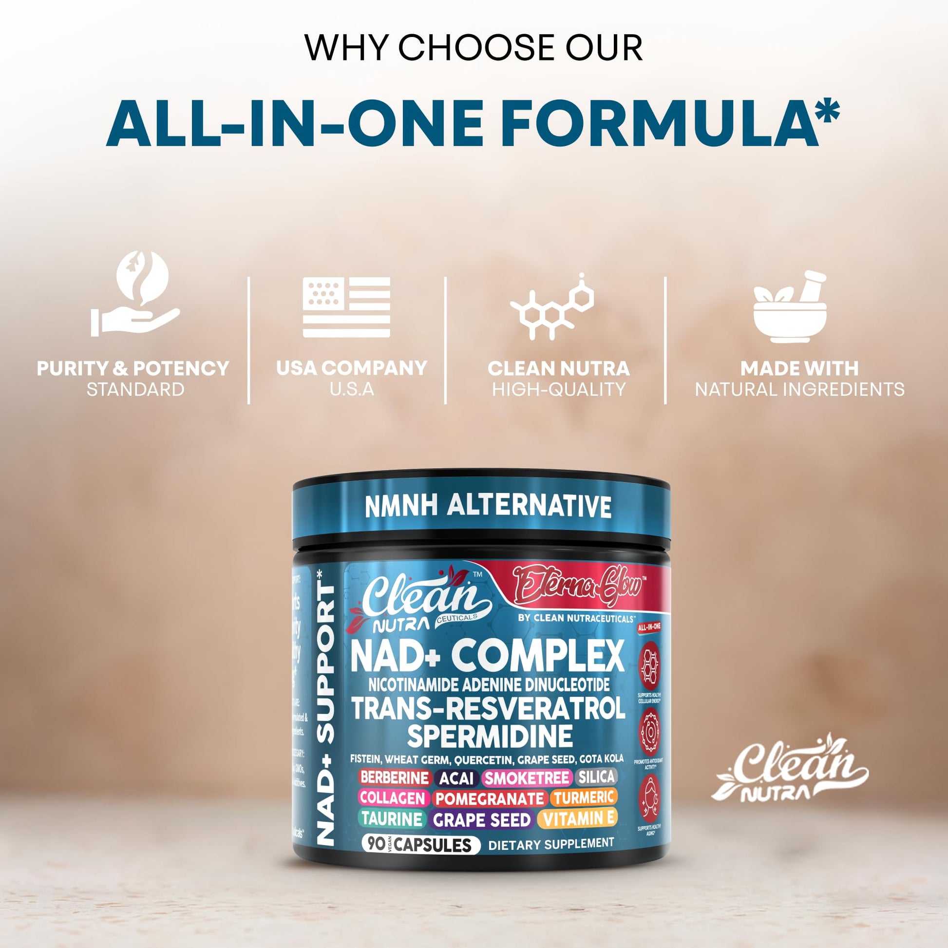 Clean NAD Supplement Resveratrol Liposomal NAD+ Spermidine Fisetin Wheat Germ Quercetin Grape Seed Extract Gotu Kola Berberine Astaxanthin Peptides for Women Energy 90 Capsules Clean Nutraceuticals uk supplements