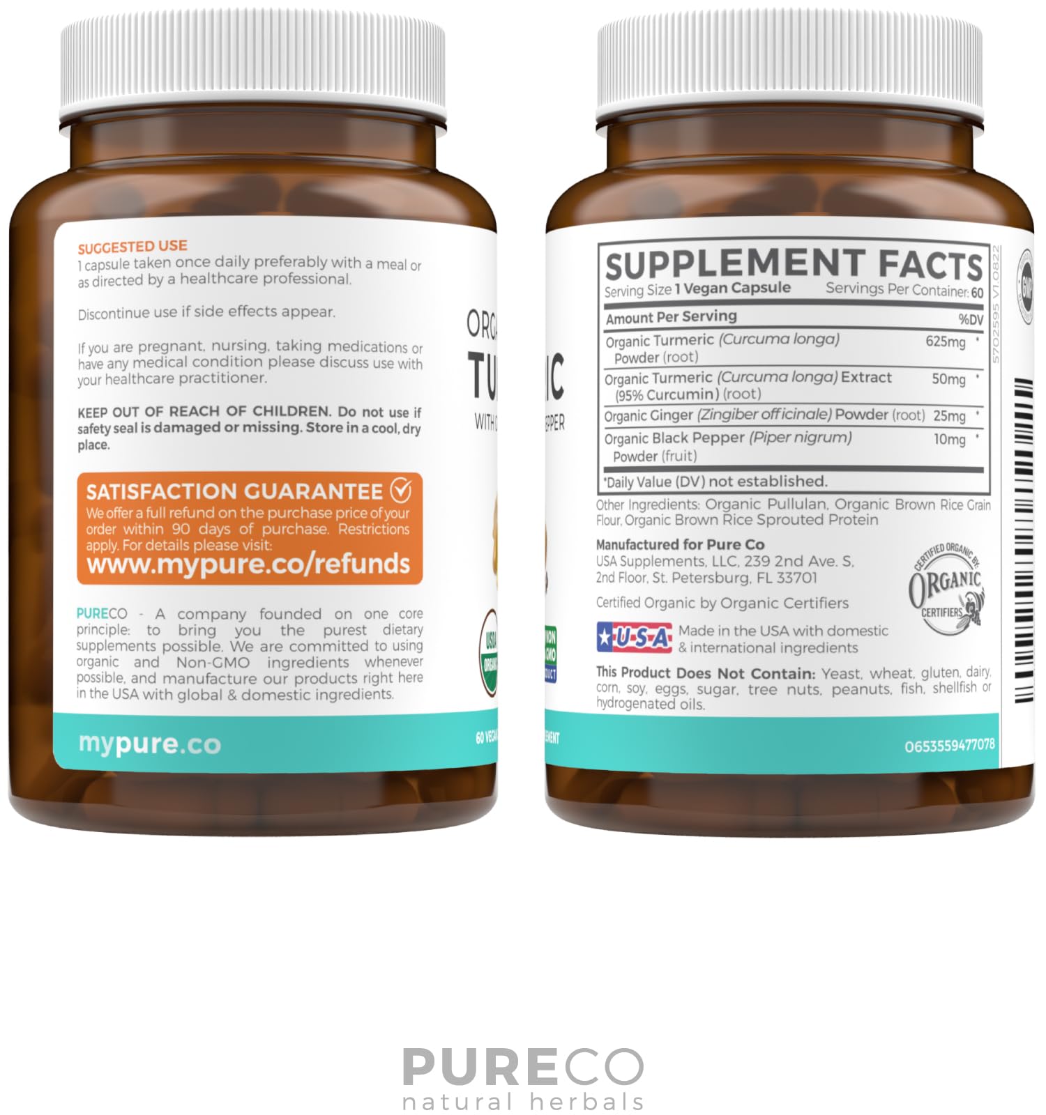 USDA Organic Turmeric Curcumin with Black Pepper and Ginger (2 Month Supply) PURE CO uk supplements