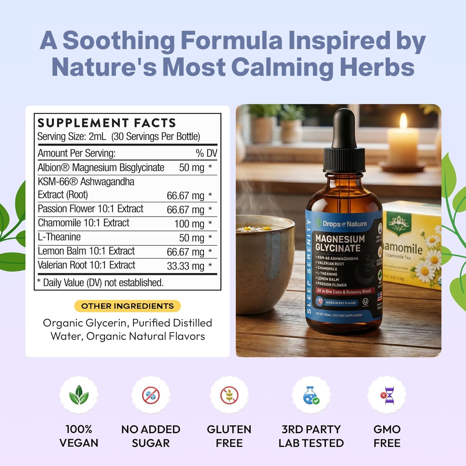 Magnesium Glycinate & Ashwagandha Liquid Drops with Valerian Root, Chamomile, Passion Flower, Lemon Balm & L-Theanine - Vegan Fast Absorption - Supplement for Wellness & Relaxation (Mixed Berry, 60mL) Drops Of Nature uk supplements