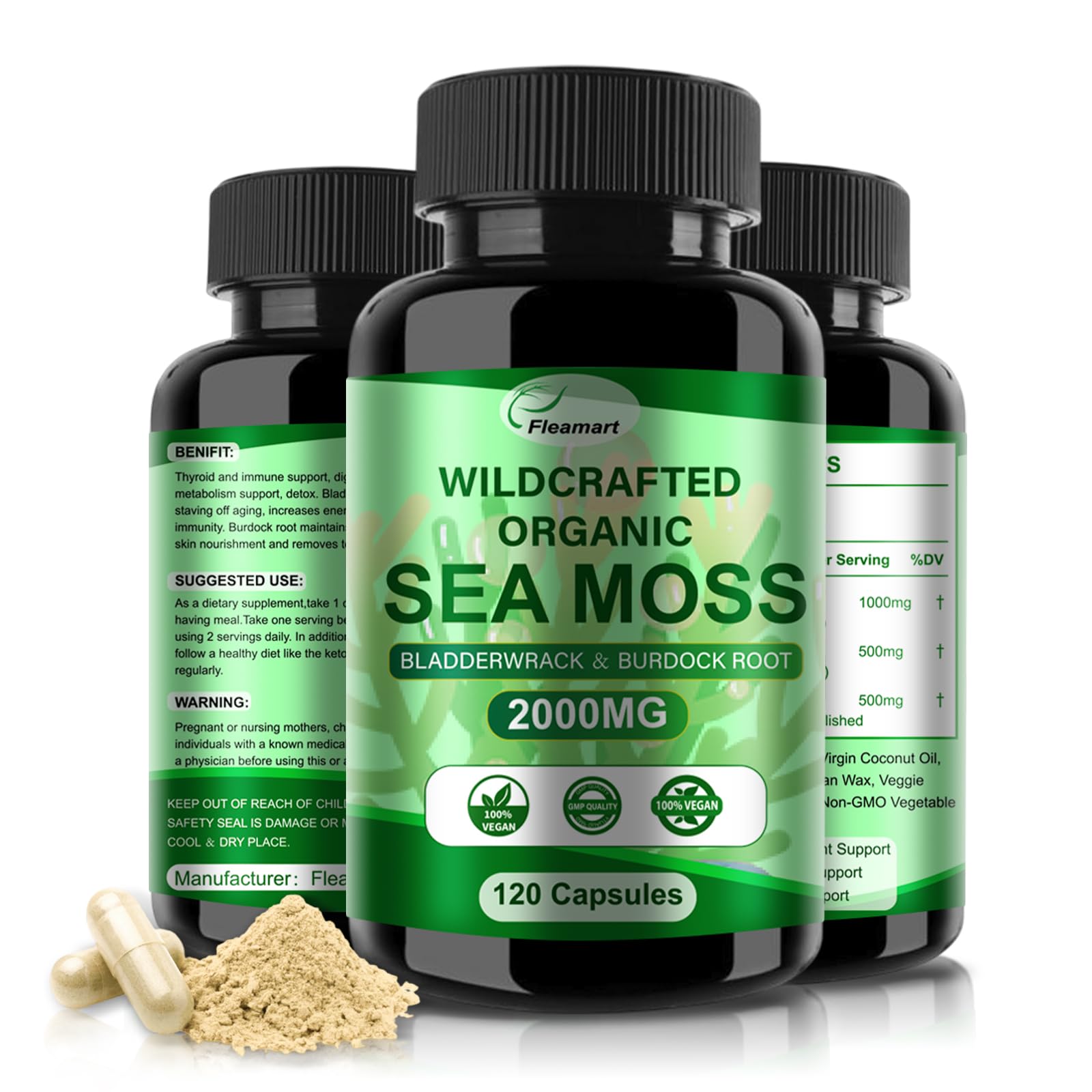Fleamart Irish Sea Moss Capsules 120ct Raw Organic Sea Moss Wildcrafted Bladderwrack Fleamart uk supplements