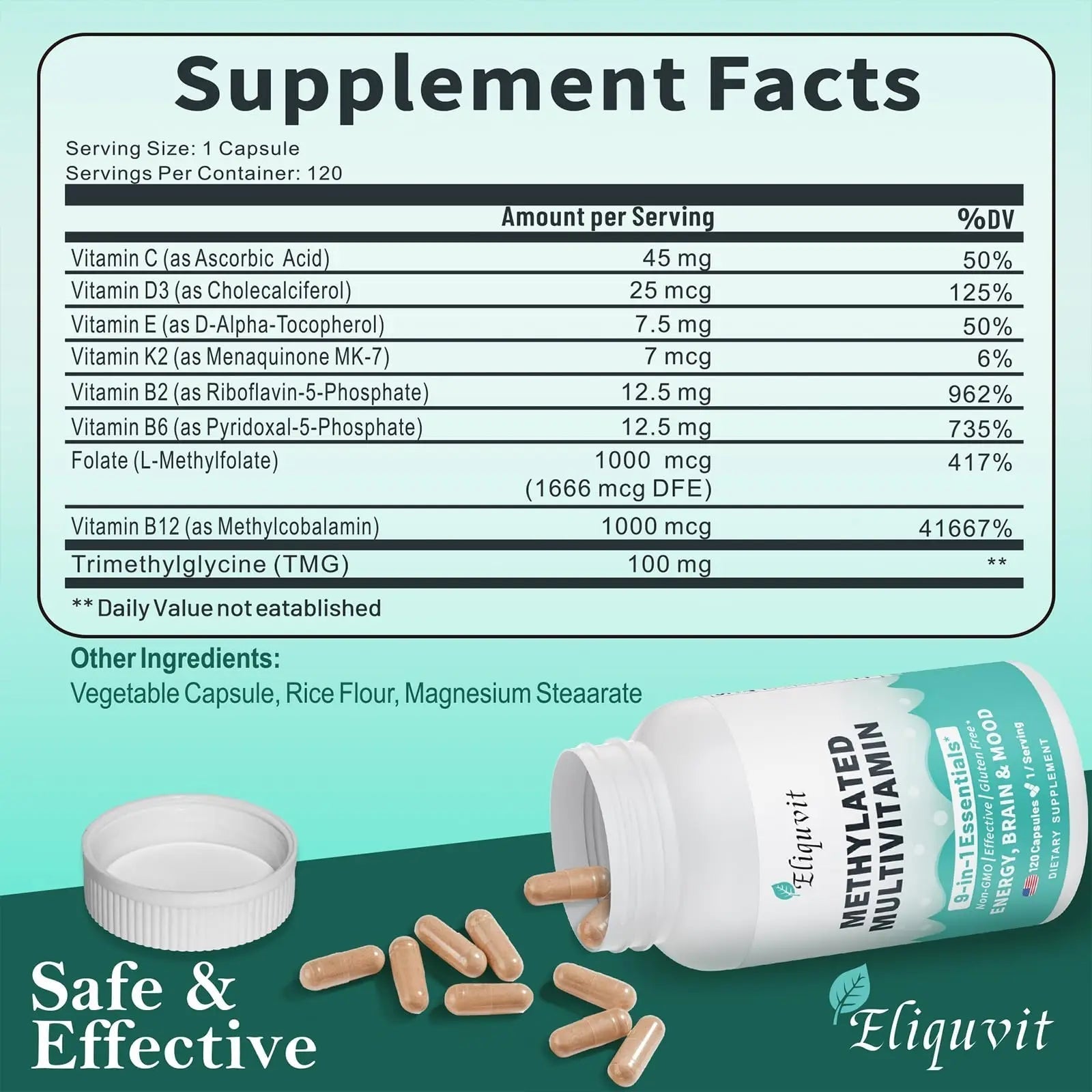 Eliquvit Methylated Multivitamin for Men & Women - Methylated B Complex with Methylfolate & B12-9-in-1 MTHFR Support + TMG - Vegan Multivitamin Eliquvit uk supplements